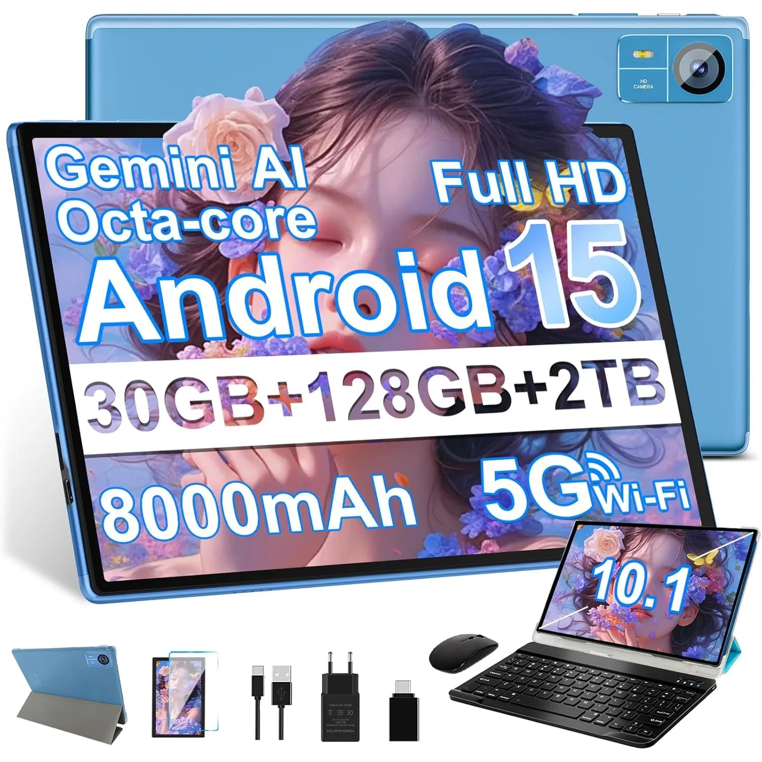 Tablet 10.1 Zoll Android 15 Tablet 【30 GB RAM + 128 GB ROM+2TB】【Gemini AI】, Widevine L1, Octa Core, 8000 mAh, 8 MP + 5 …