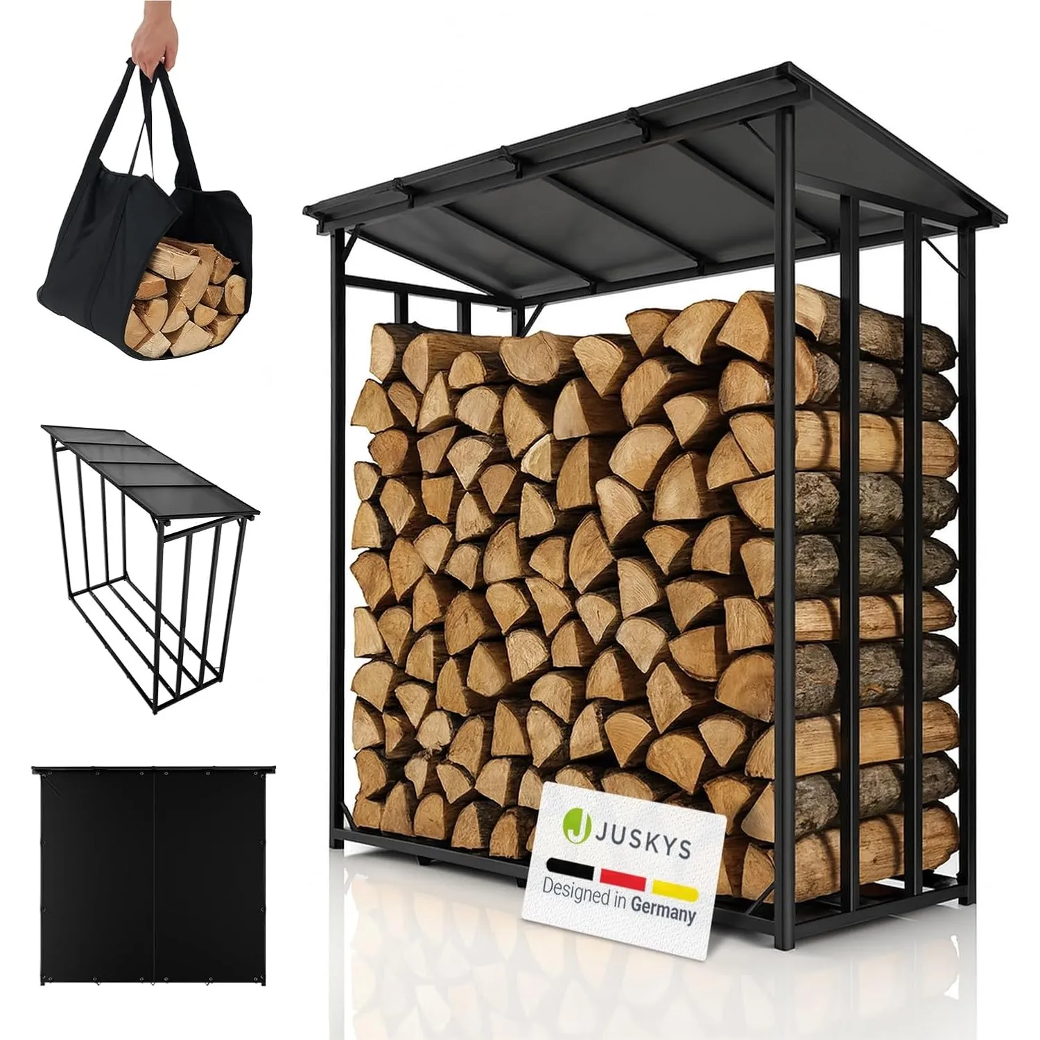 Juskys® Kaminholzregal mit Dach – 2,40 m³ Lagerkapazität, wetterfest, mit UV-beständiger Plane, erhöhter Boden & einfac…