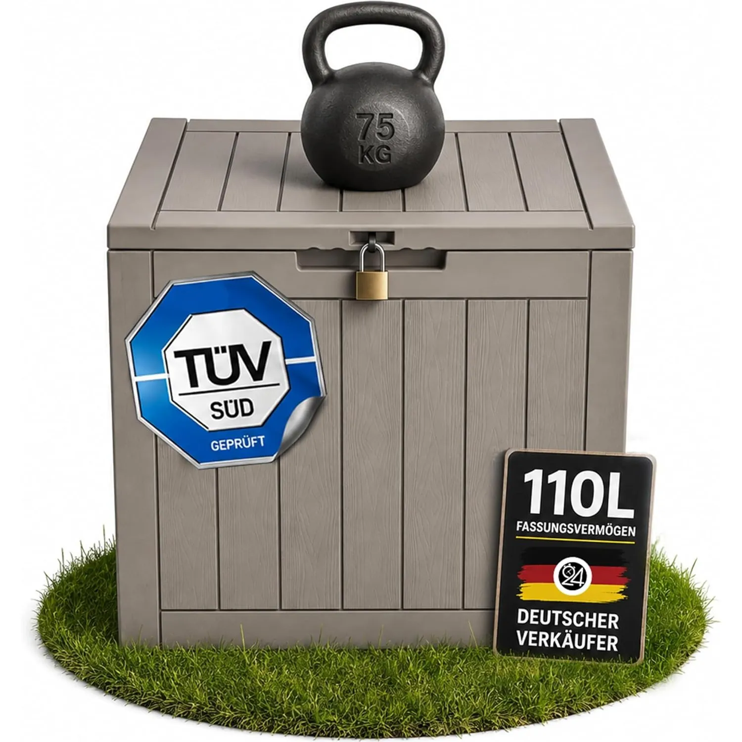 Ondis24 City Cube, Kunststoff Box, Abschließbare Poolbox, Sitzbox, Paketbox, Balkonbox 110L, Taupe, 55x43x53cm, 75kg Ge…