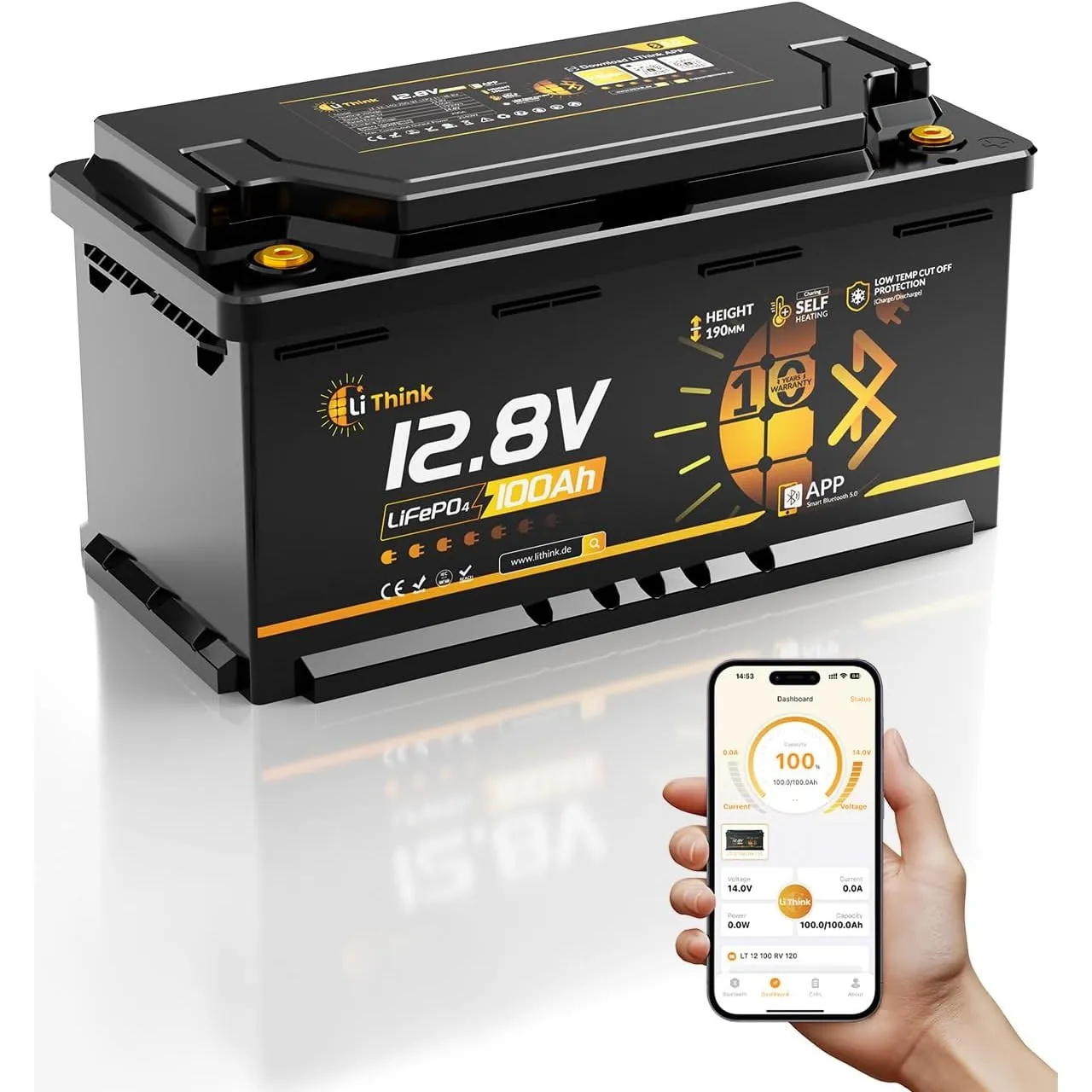 LiFePO4 12V 100Ah H190 ECE R10 Bluetooth5.4 Lithium Batterie für Wohnmobil