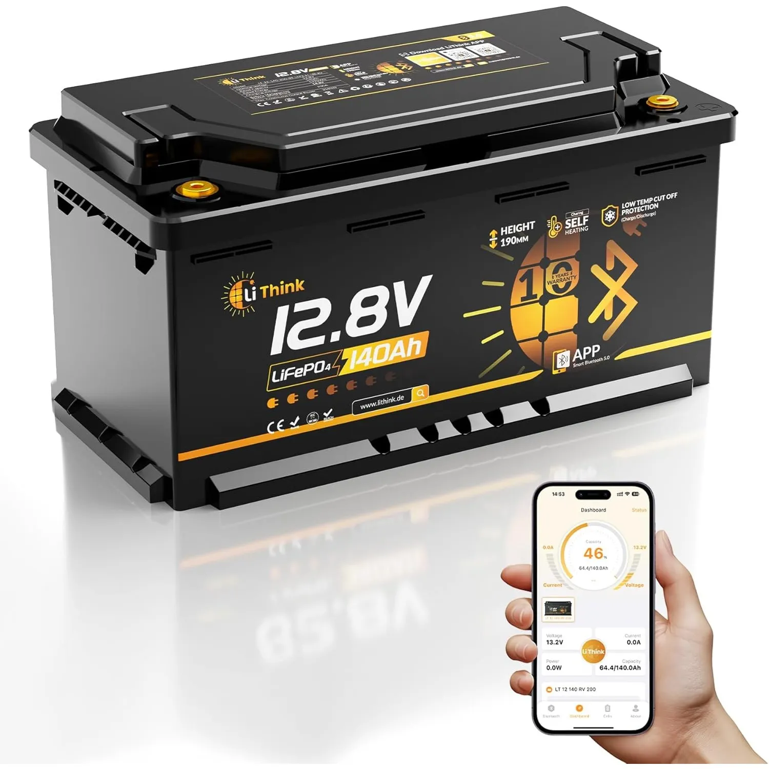 LiFePO4 12V 140Ah H190 Lithium Batterie Bluetooth mit 200A BMS LTP&Heizfunktion DIN H8 L5 Größe, 1792Wh Lithium Batteri…