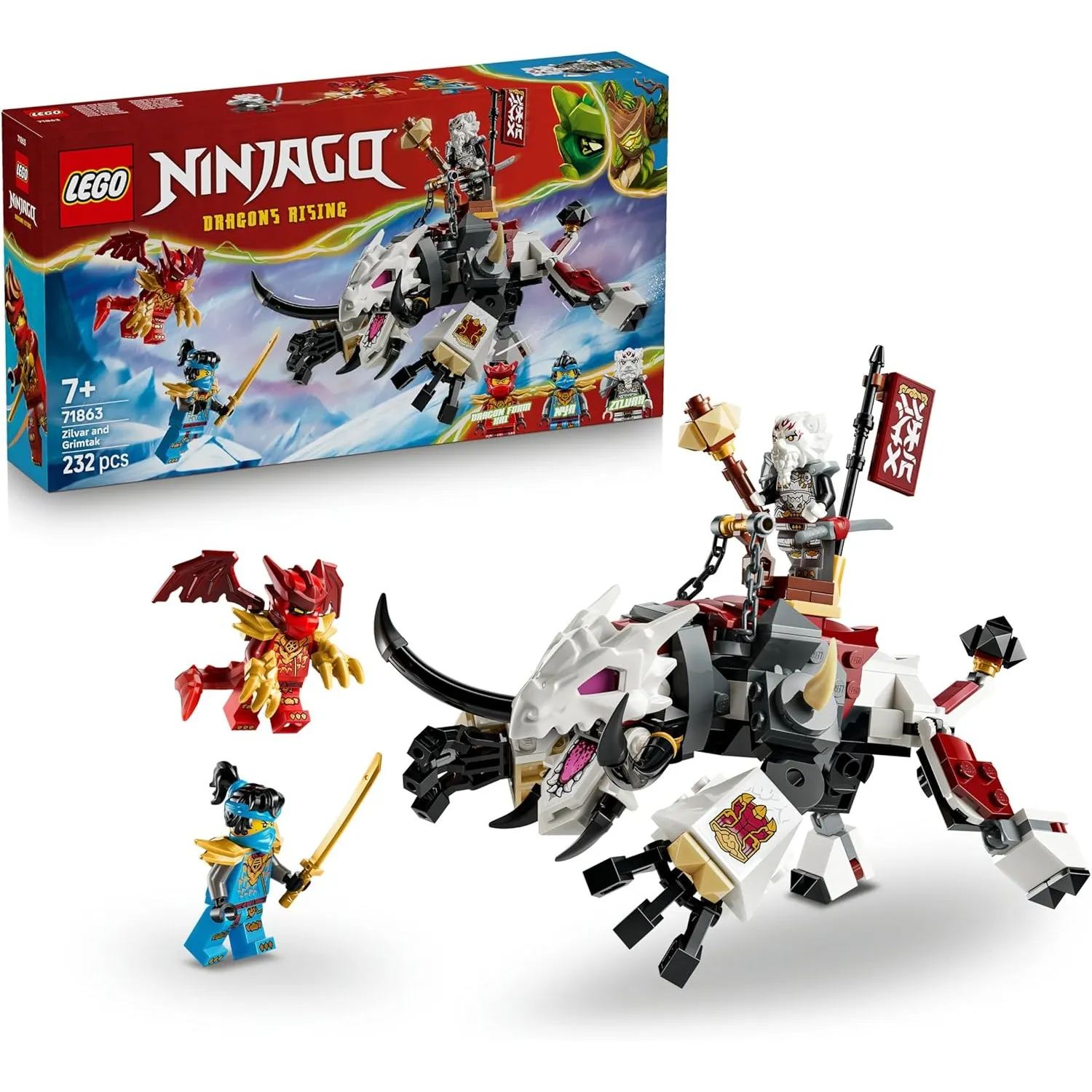 LEGO NINJAGO Zilvar auf seinem Drachentier Grimtak - Ninja Spielzeug mit Actionfigur, 3 Minifiguren inklusive Kai & NYA…