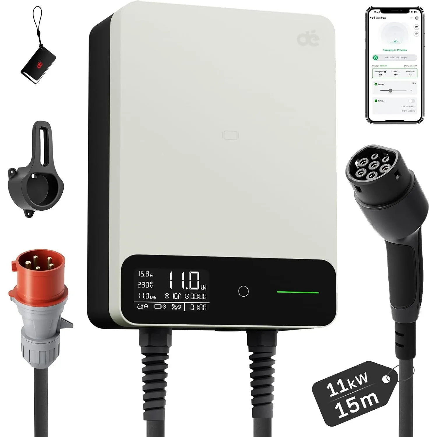 dé Wallbox 11kW mit APP, 15m Typ 2, §14a EnWG, EV Ladestation, Weiß