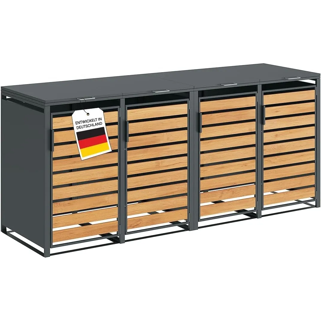 STEELSØN Kestra Mülltonnenbox 4er bis 120L, Anthrazit, Holzoptik, Stahl | Mülltonnenverkleidung mit Sichtstreifen, hoch…