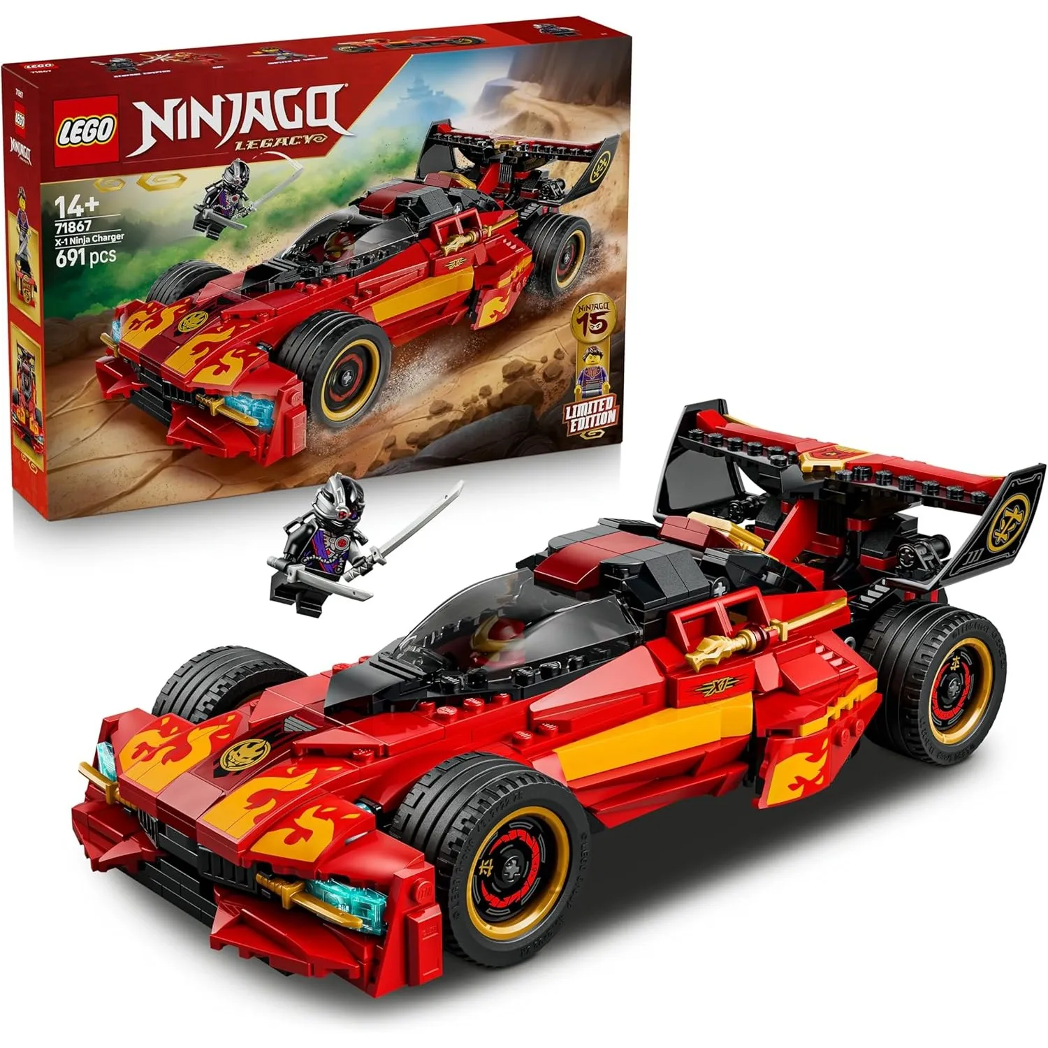 LEGO NINJAGO 15-jähriges Jubiläum: X-1 Ninja Supercar - Rennwagen Modellbau mit Motorrad und 3 Minifiguren inkl. Kai - …