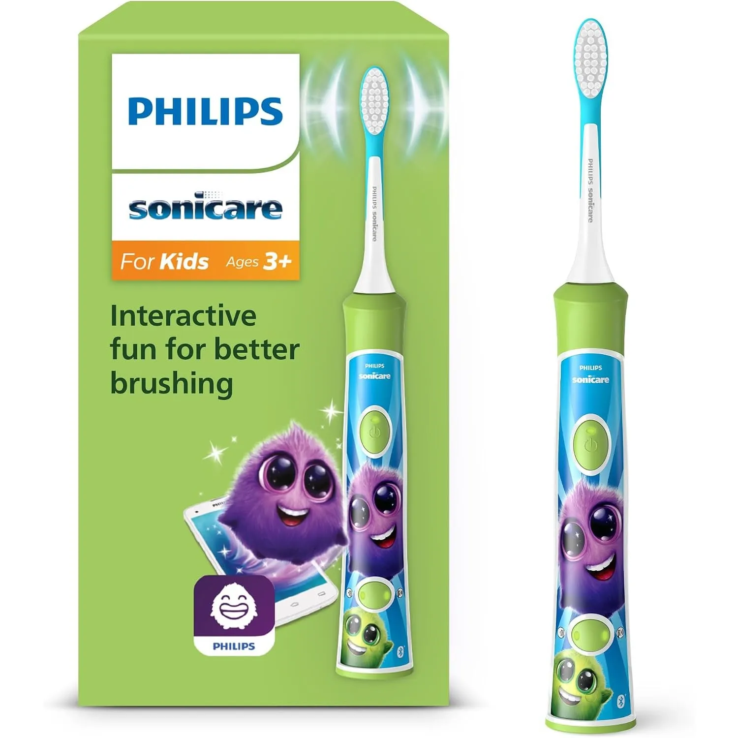 Philips Sonicare For Kids, elektrische Schallzahnbürste mit App, für Kinder ab 3 Jahren, mit SmarTimer und QuadPacer fü…