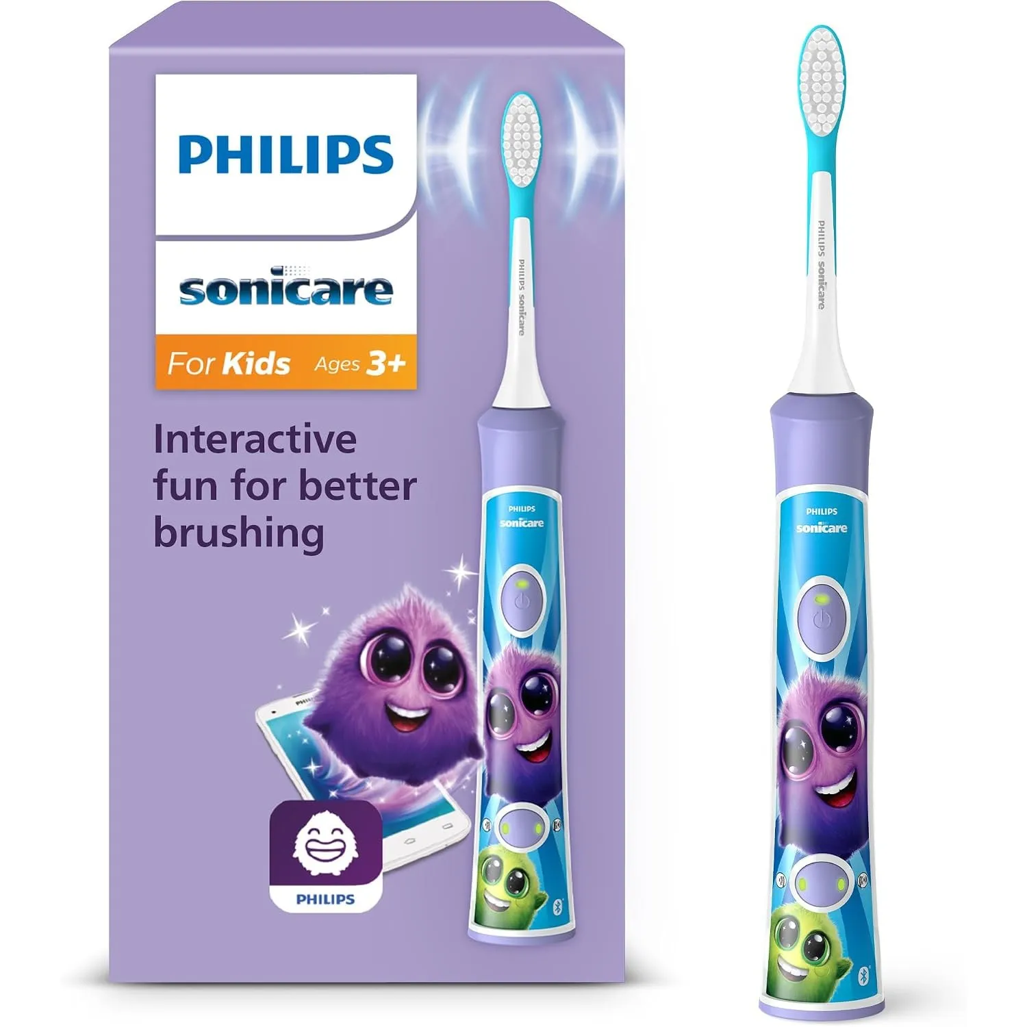Philips Sonicare For Kids, elektrische Schallzahnbürste mit App, für Kinder ab 3 Jahren, mit SmarTimer und QuadPacer fü…