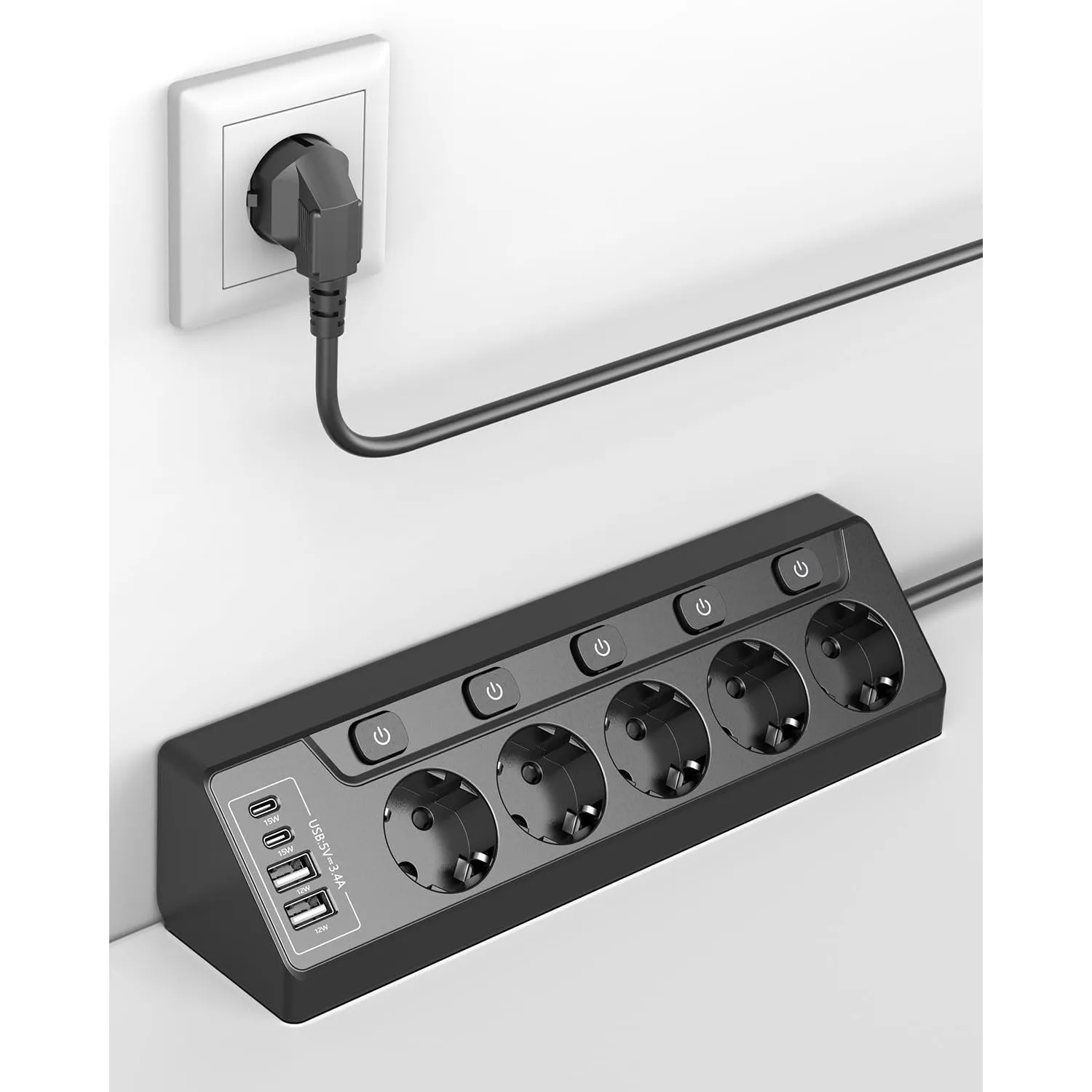 Ecksteckdosen-Steckdosenleiste, einzeln schaltbar, 5 Fach mit 4 USB (2X USB-C + 2X USB-A), Überspannungsschutz, Berühru…