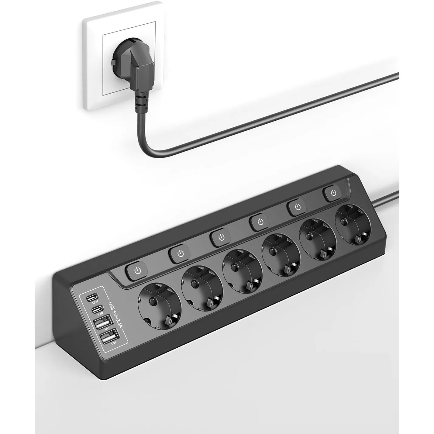 Ecksteckdosen-Steckdosenleiste, einzeln schaltbar, 6 Fach mit 4 USB (2X USB-C + 2X USB-A), Überspannungsschutz, Berühru…
