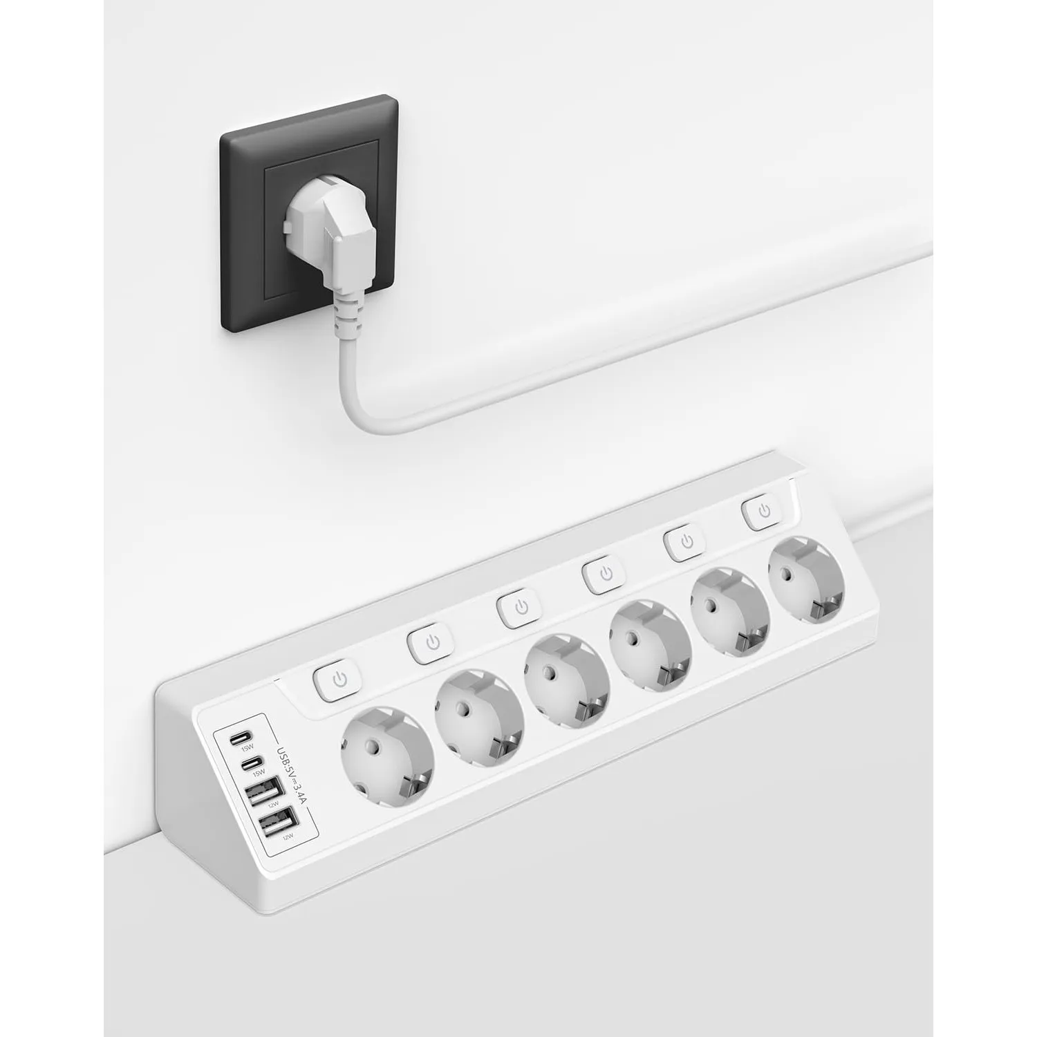 Ecksteckdosen-Steckdosenleiste, einzeln schaltbar, 6 Fach mit 4 USB (2X USB-C + 2X USB-A), Überspannungsschutz, Berühru…