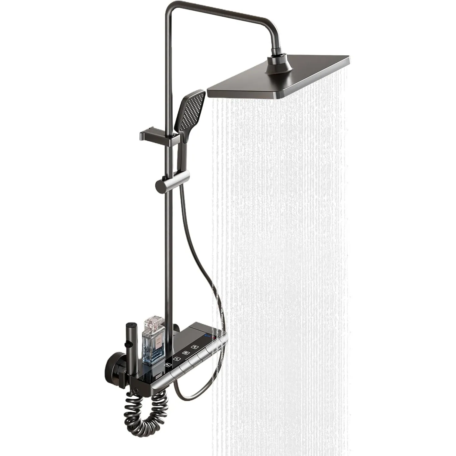 Duscharmatur Komplettset Klavierknöpfe 4 Arten von Wasserauslässen | Höhenverstellbare Duschstange 85-145cm Eckiger Kop…