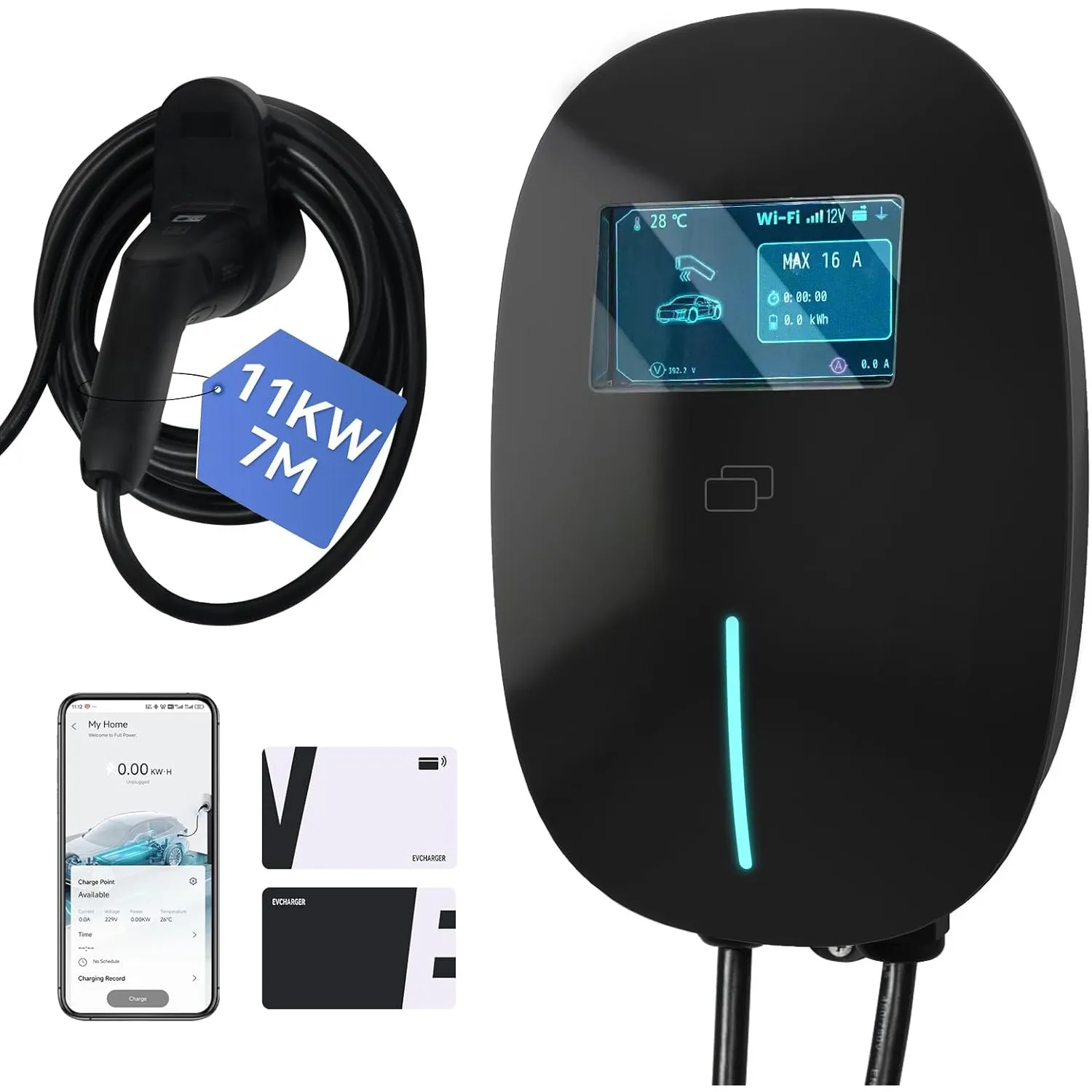Fullwatt Wallbox 11kW mit APP RFID Typ 2 7M 3-Phasig für Alle EVs und PHEVs