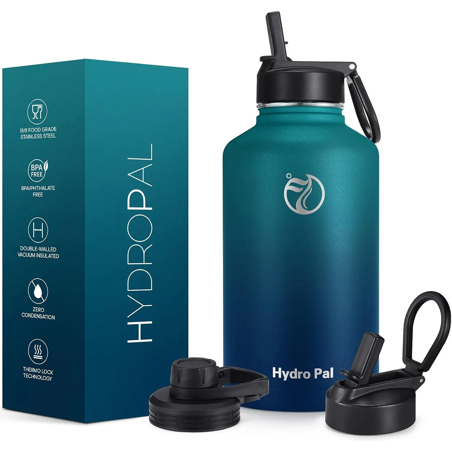 HydroPal 1.9L Edelstahl Isolierflasche,Trinkflasche mit Strohhalm 2 Deckel