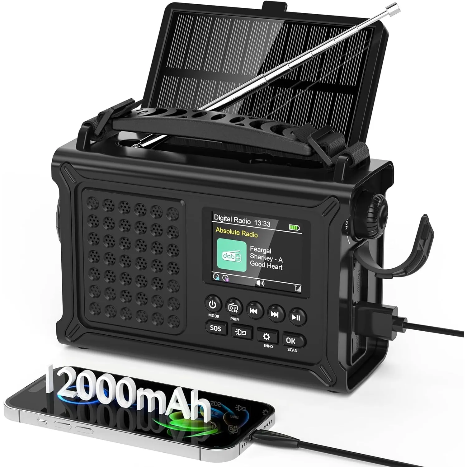 Mesqool Kurbelradio DAB/UKW, Tragbare Solar Notfallradio mit 12000mAh Akku