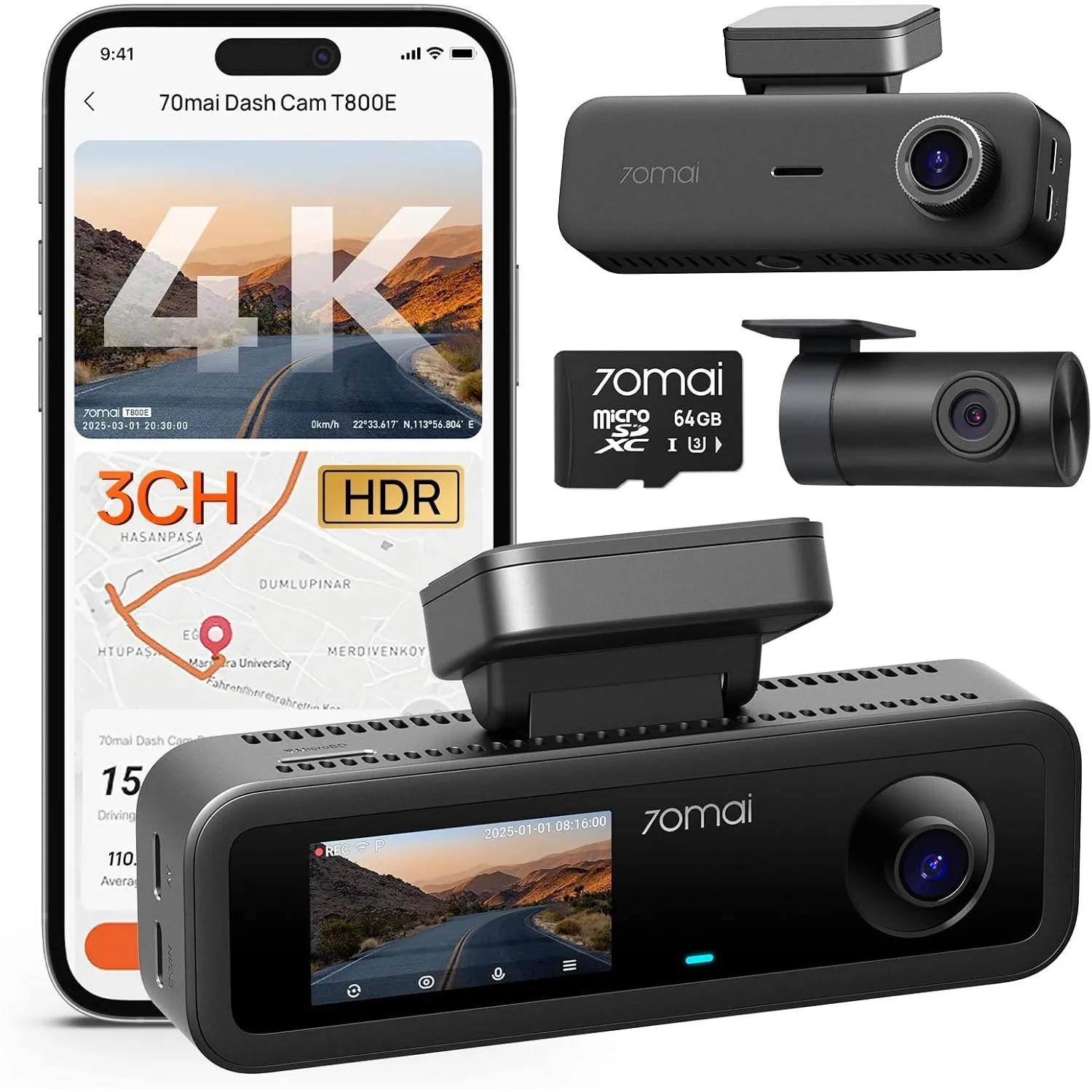 70mai T800E 4K Dashcam Auto 3-Kanal, 4K+1080P+1080P Vorne Hinten Innen 3 Channel Autokamera mit HDR F1.55, IR Nachtsich…