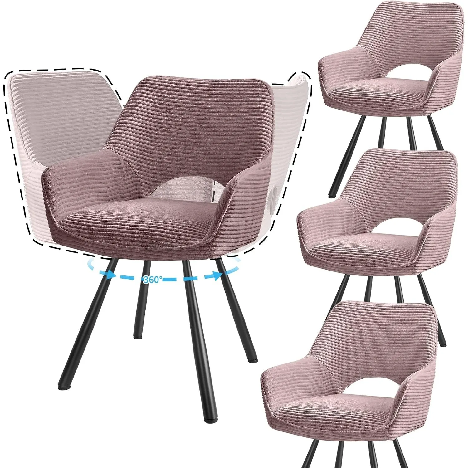 JIJIAN 4er Set 360° Drehbare Esszimmerstühle mit Armlehnen, Rosa | Drehbar Stühle Esszimmer mit Metallbeinen, Moderner …