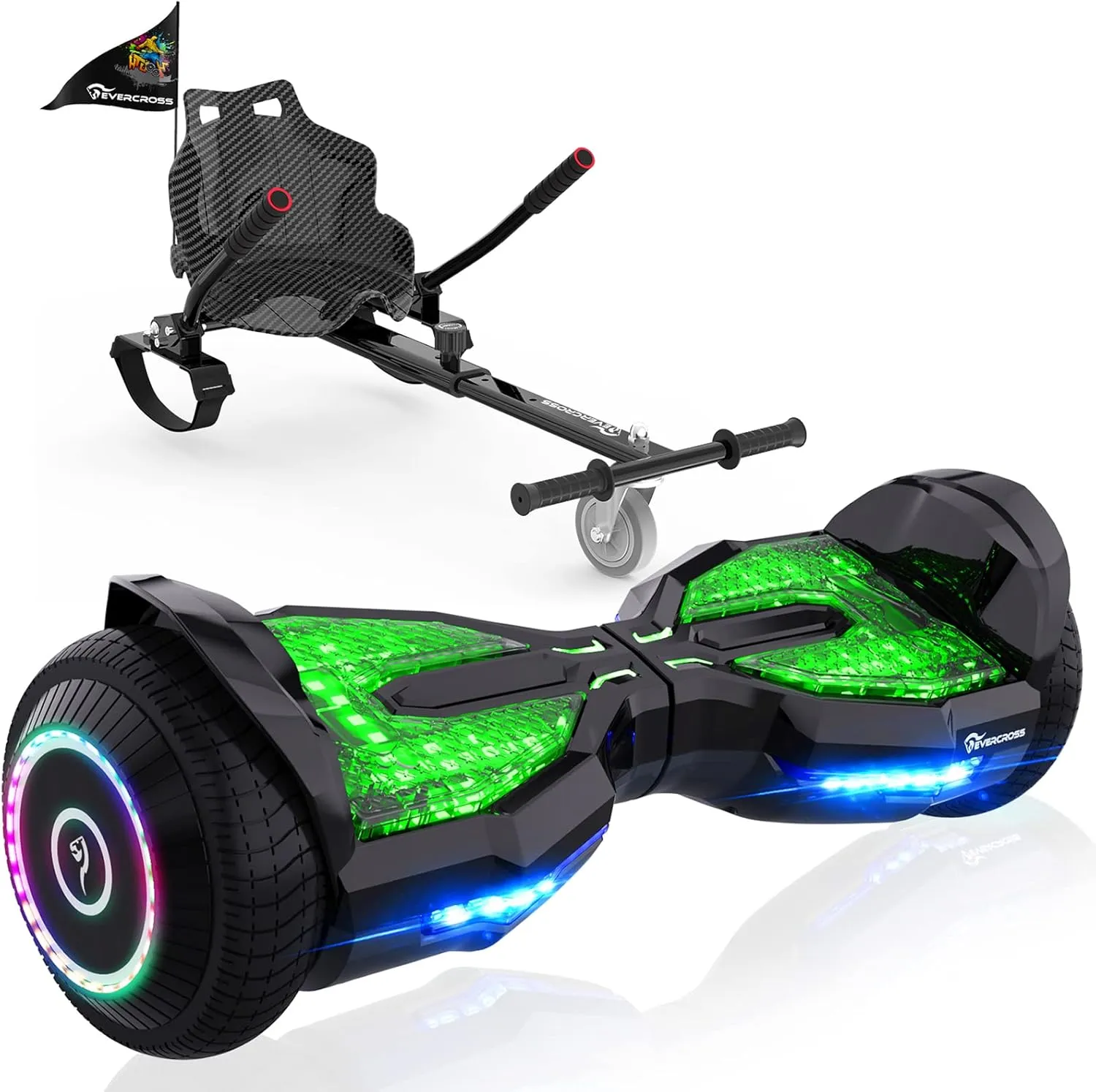 EVERCROSS EV2 Hoverboards mit Sitz - 5,2 Ah Akku, 15 KM/H, Bluetooth Music, 7-Farben Pedallichter, 85 KG Tragkraft, Hov…