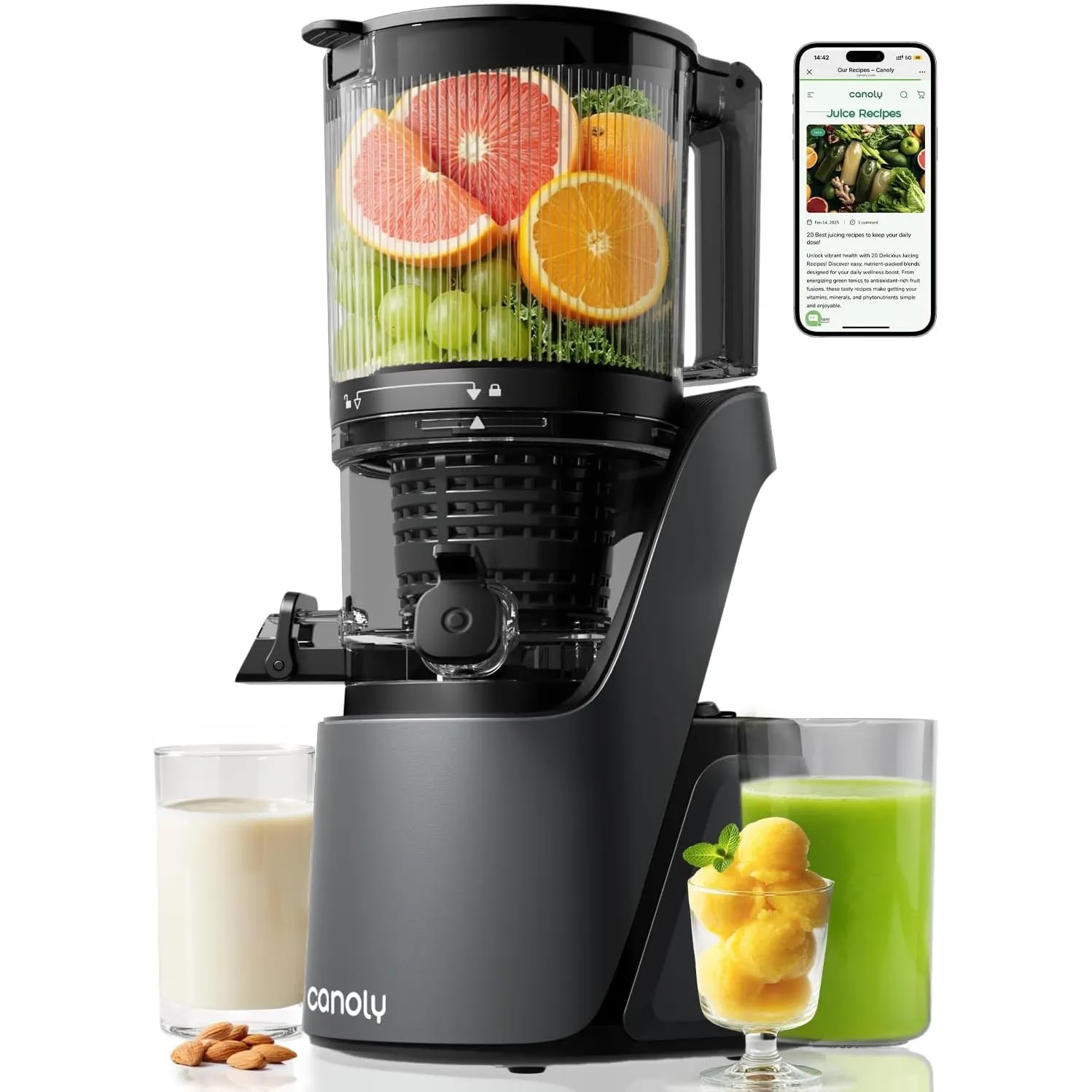 Canoly 3-in-1 Entsafter Slow Juicer mit 150 mm Großer Einfüllschacht Grau | Vielseitig für Saft, Sorbet & Nussmilch, 2,…
