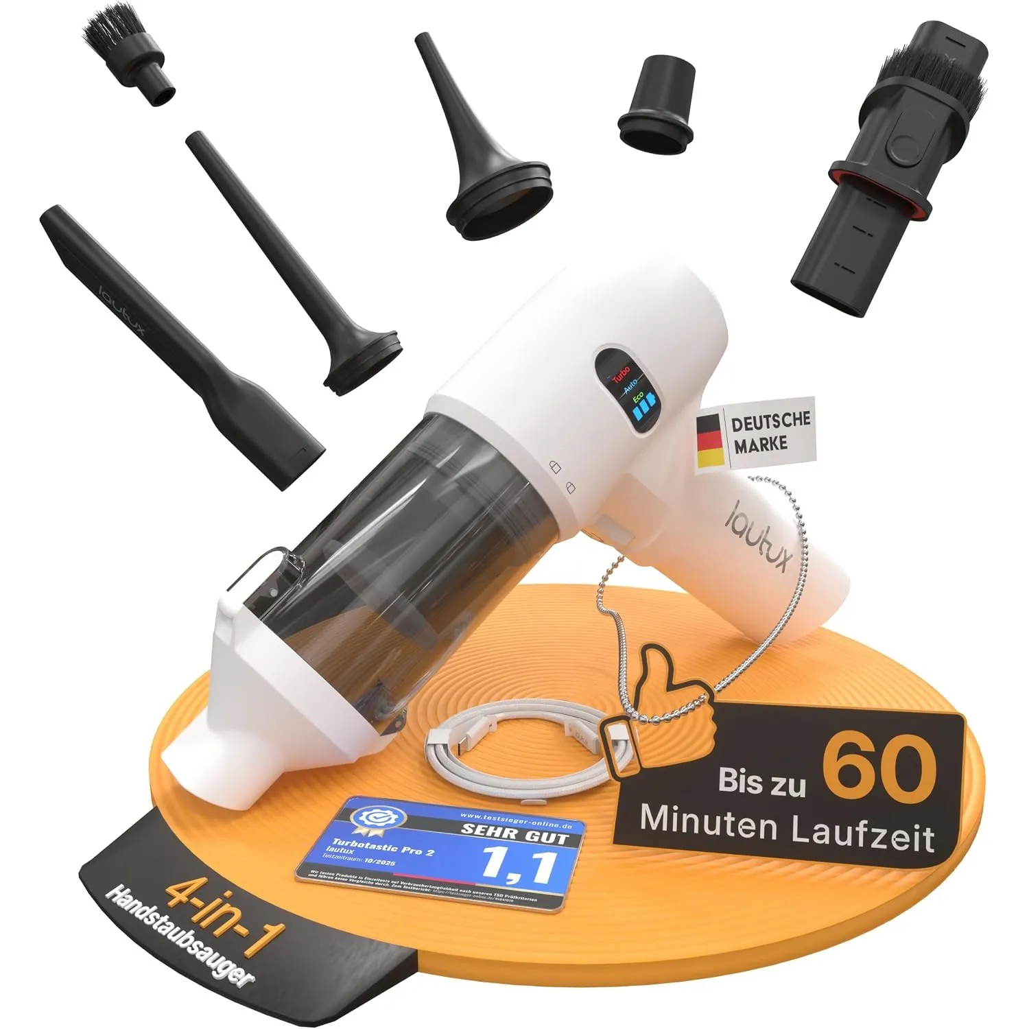 Turbotastic Pro 2 Handstaubsauger – 18.000 Pa, 60 Min, HEPA, 4-in-1 | Beutelloser 4-in-1 Akkustaubsauger mit Druckluft …