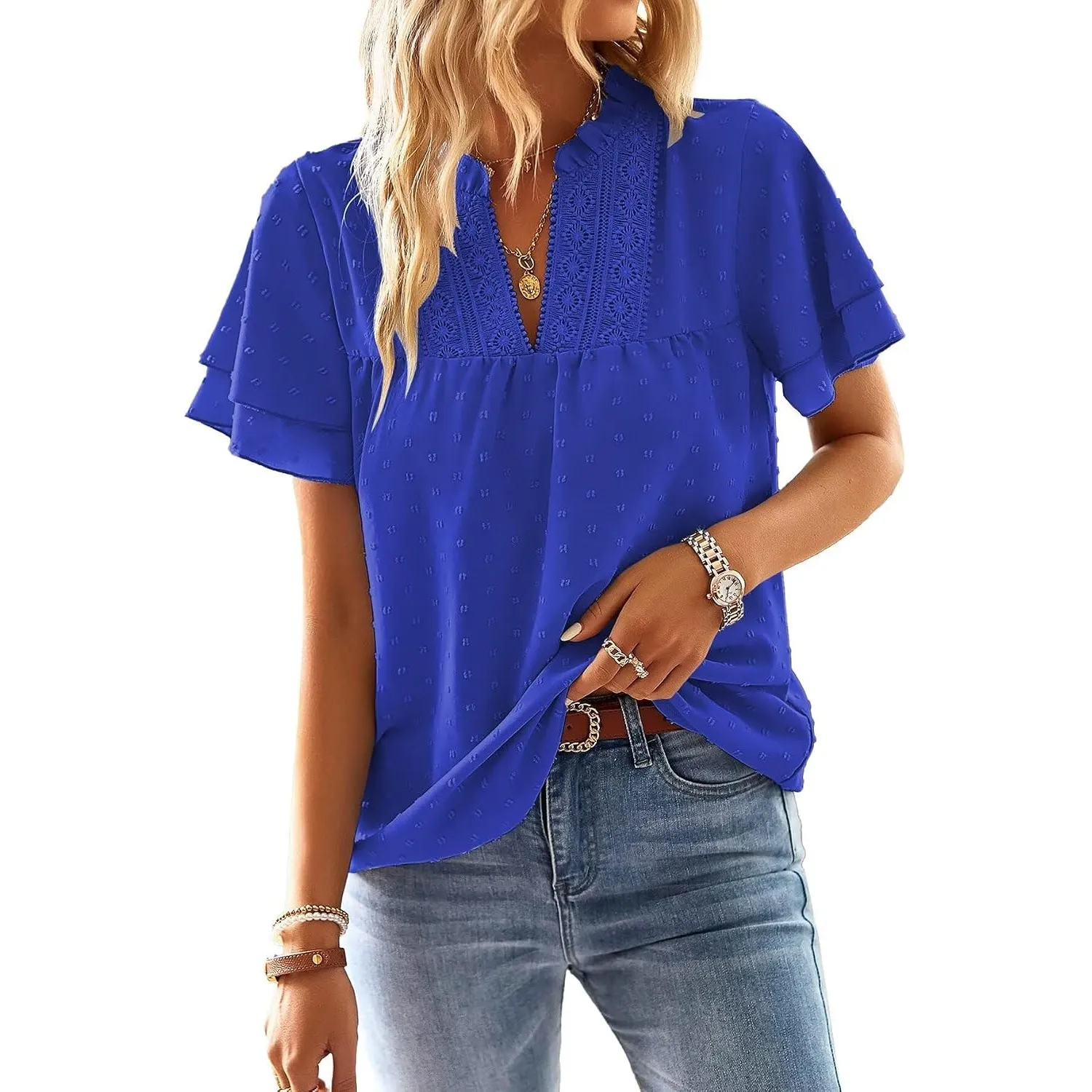 Top Damen Sommer Boho Bluse Kurzarm Oberteile Elegant V-Ausschnitt | Spitze Fließend T Shirt, Volant Paspel Süß Tunika,…