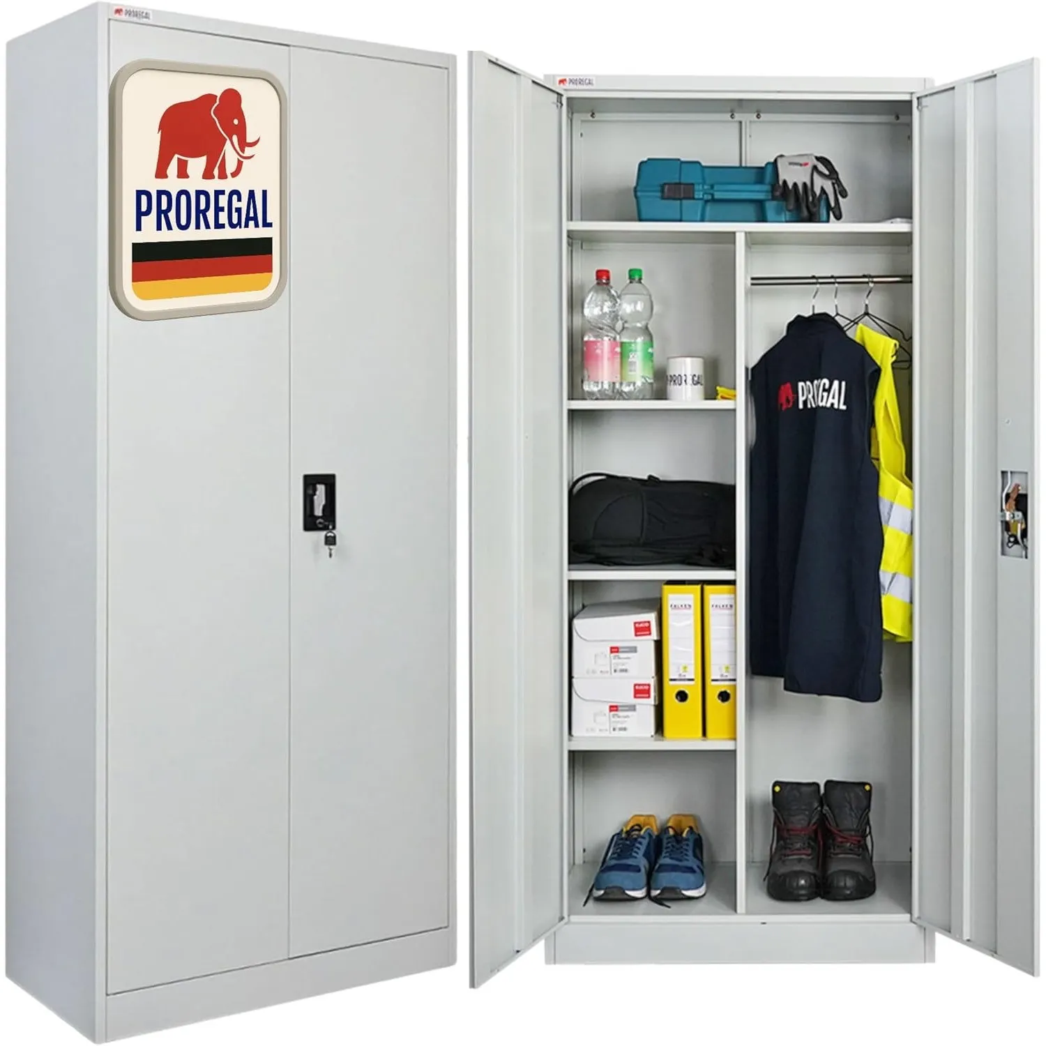 PROREGAL Flügeltürenschrank Elephant Metall Spind Schrank abschließbar 2 Türen 180x80x40cm Stahl 6 Fächern & Kleidersta…