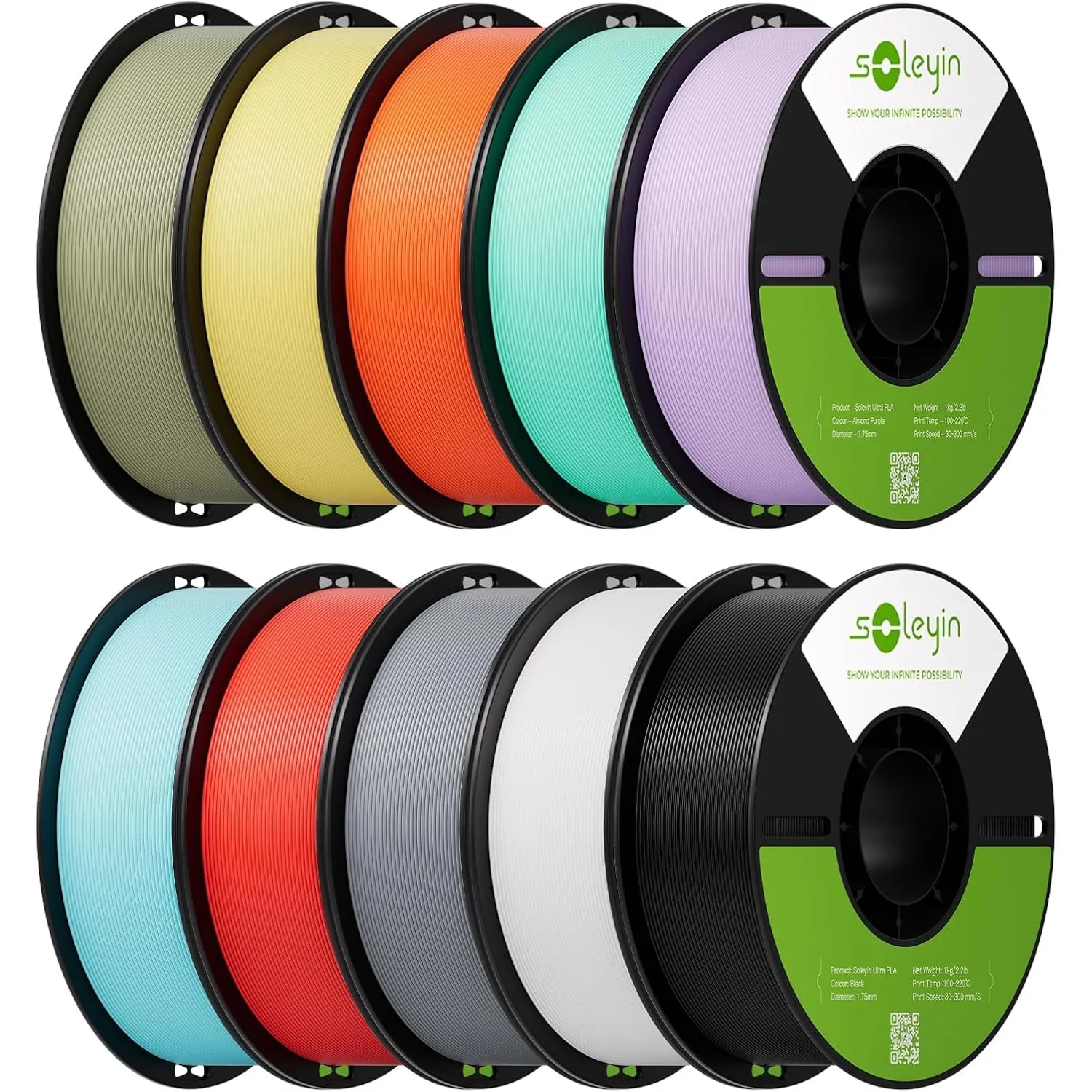 Creality Soleyin PLA Filament 1.75mm, PLA Bundle 10KG Schwarz/Weiß/Grau/Rot/Gelb/Orange/Blau/Hellgrün/Grün/Lila