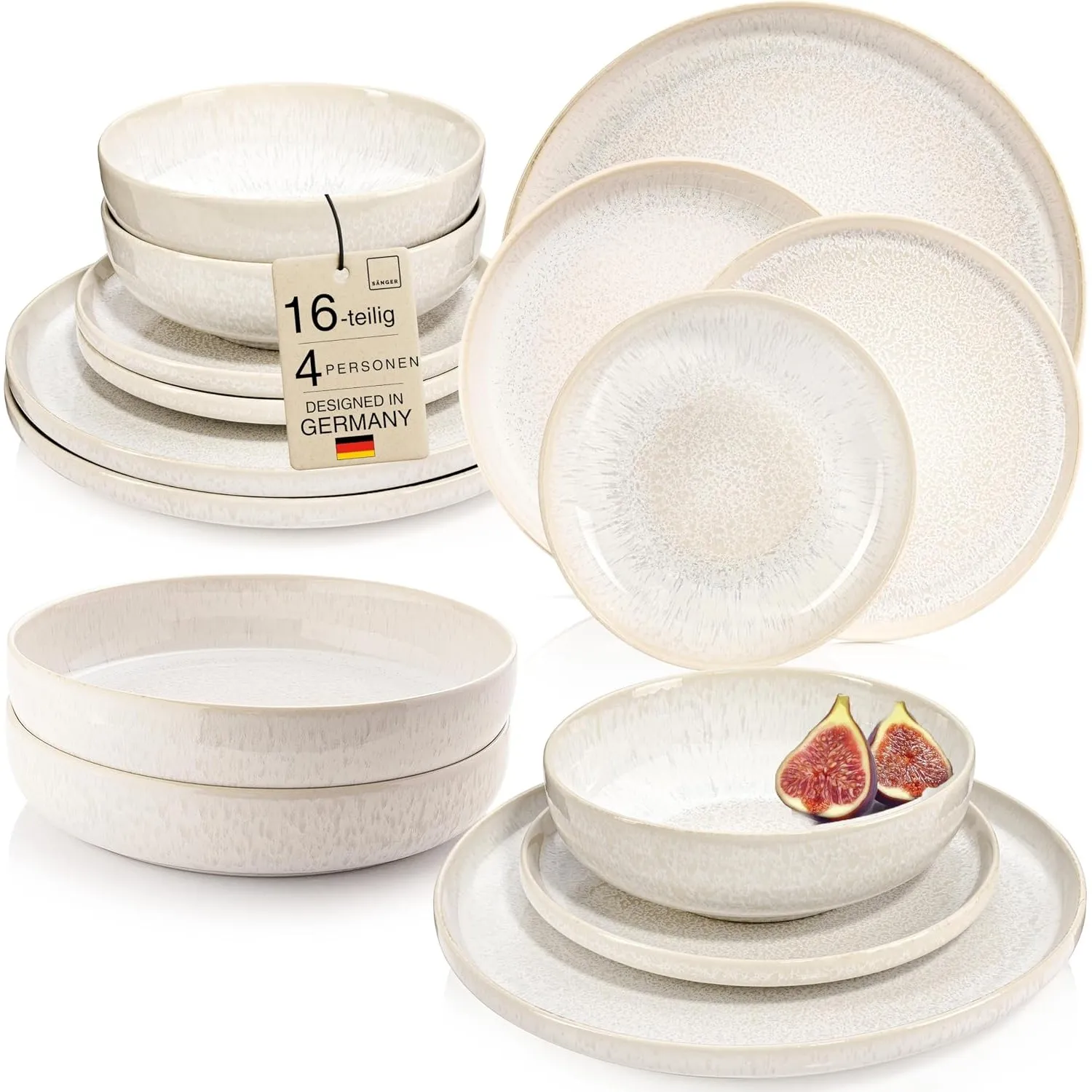 SÄNGER Korfu Geschirrset 4 Personen, Teller Set 16-tlg, Creme, Beige