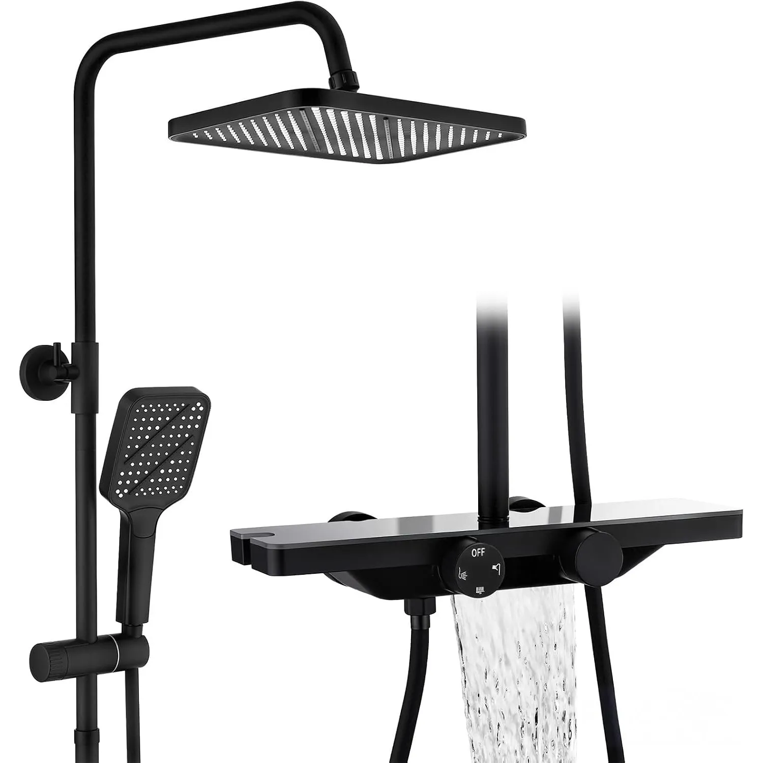 HOMELODY Duschsystem mit Thermostat Glasablage Schwarz, 30 cm Regendusche