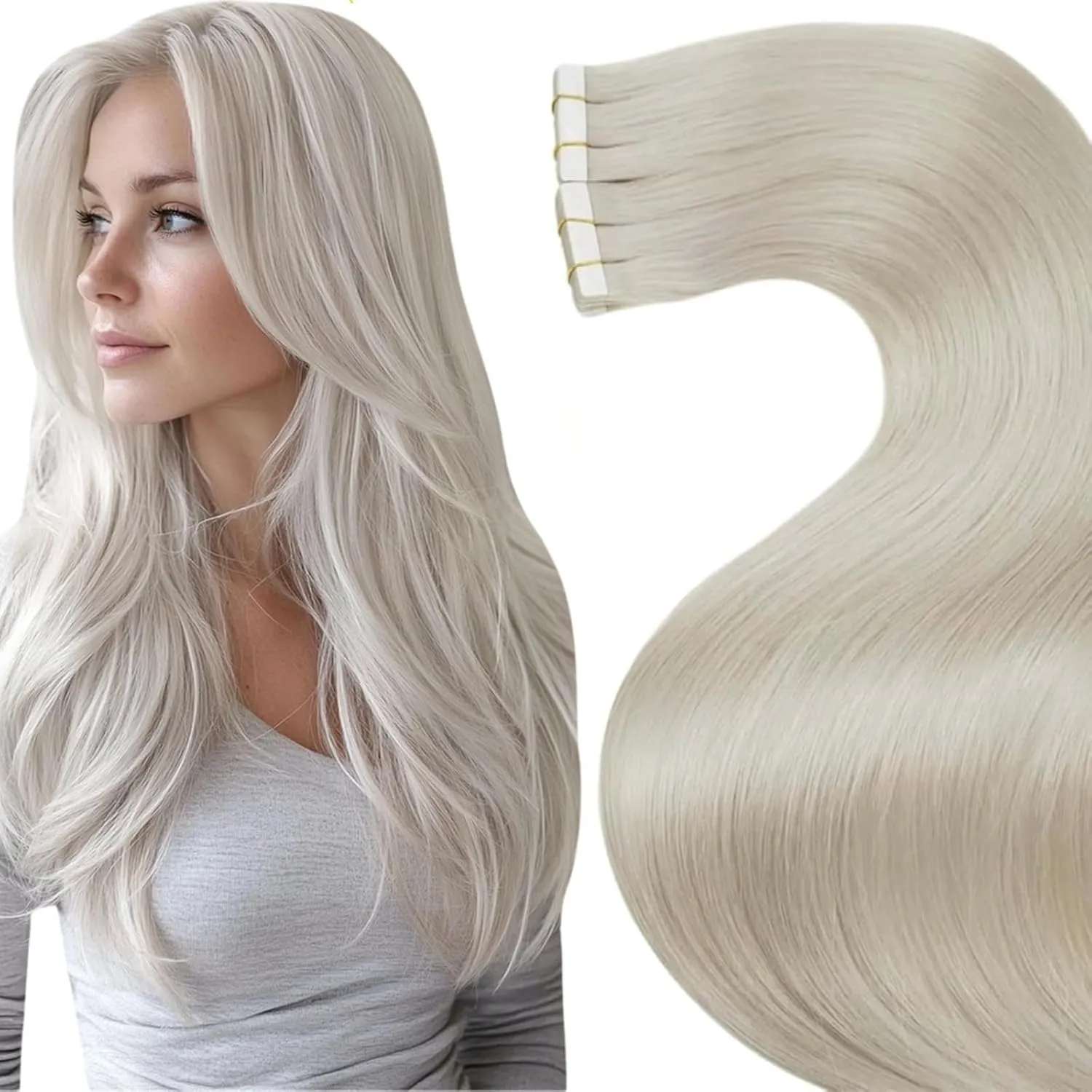 LaaVoo Tape Extensions Echthaar Blond 60cm Lang Extensions Echthaar Tape Platinblond Natürlich Haarverlängerung Echthaa…