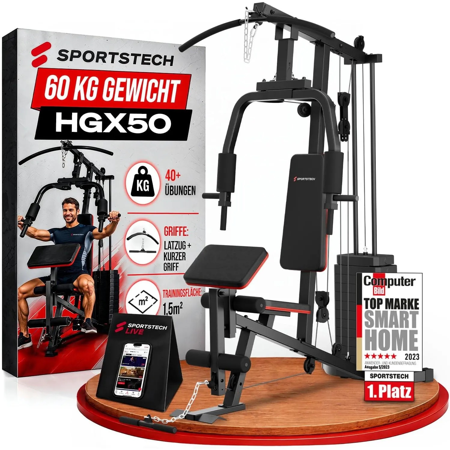 Sportstech, Kraftstation für zuhause + App & KI-Coach 40 Übungen HGX50