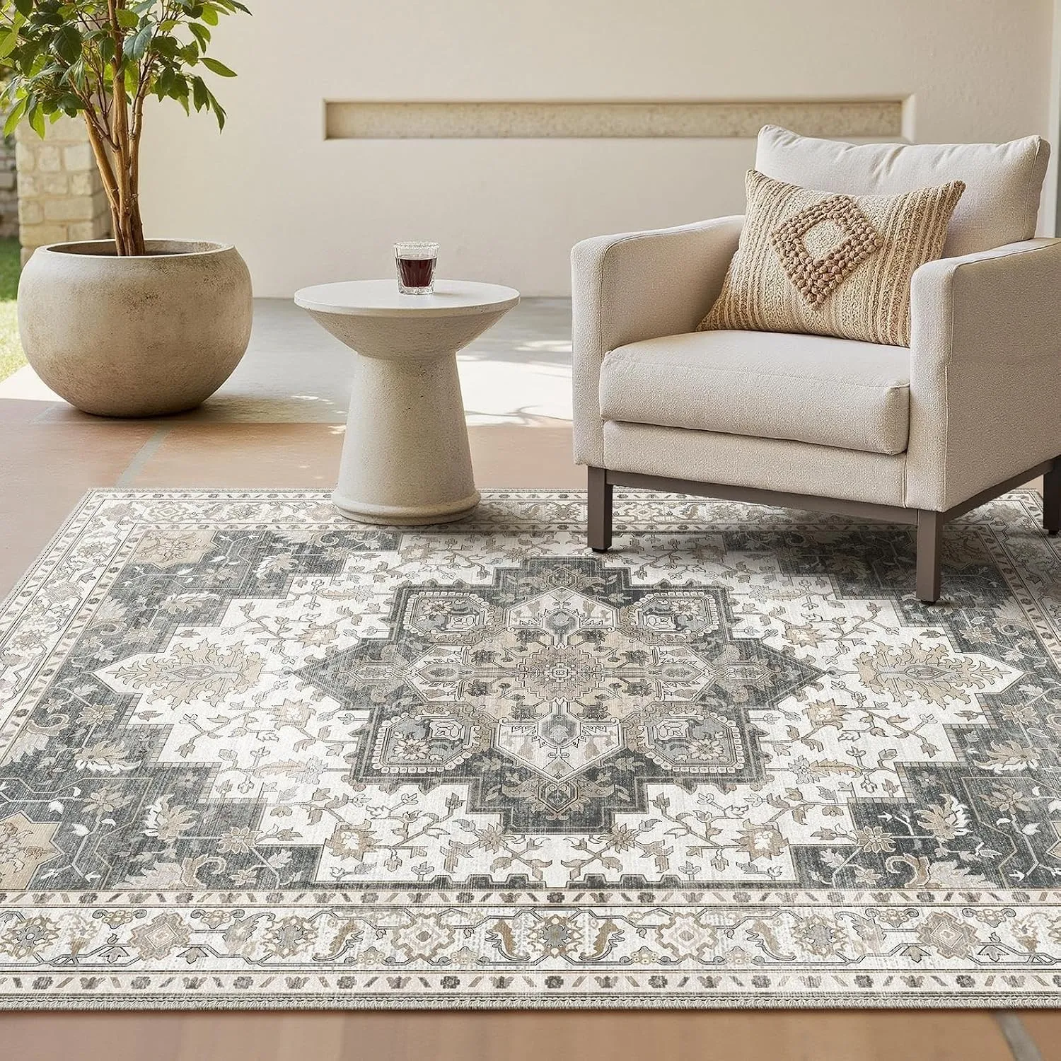 GENIMO Vintage Wohnzimmer Beige Grau Teppich 160x230cm Waschbar