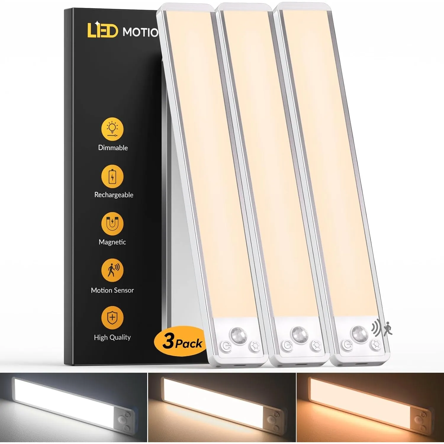 Schrankbeleuchtung Led Lampe mit Bewegungsmelder 30CM | 3-Farben - 3 Stück | 2200mAh Langlebiger Akku, Dimmbar, USB Auf…