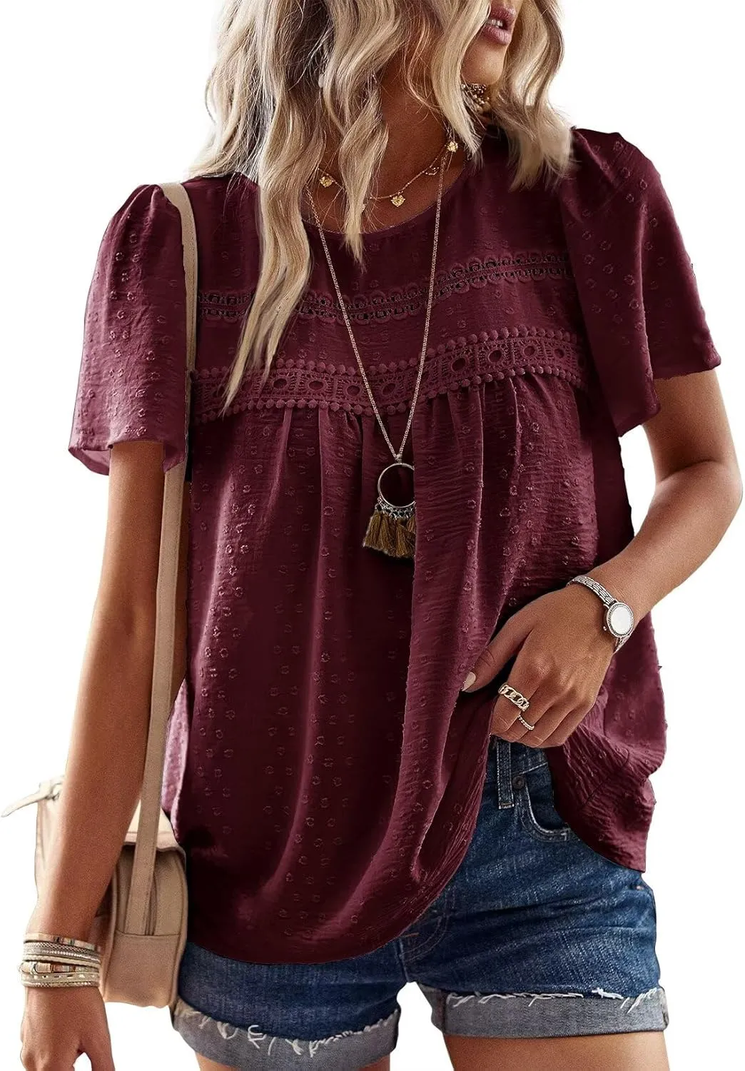 Top Damen Sommer Boho Bluse Kurzarm Oberteile Fließend Elegant Rundhals T Shirt Tunika Lässig Outfits Spitze Kleidung