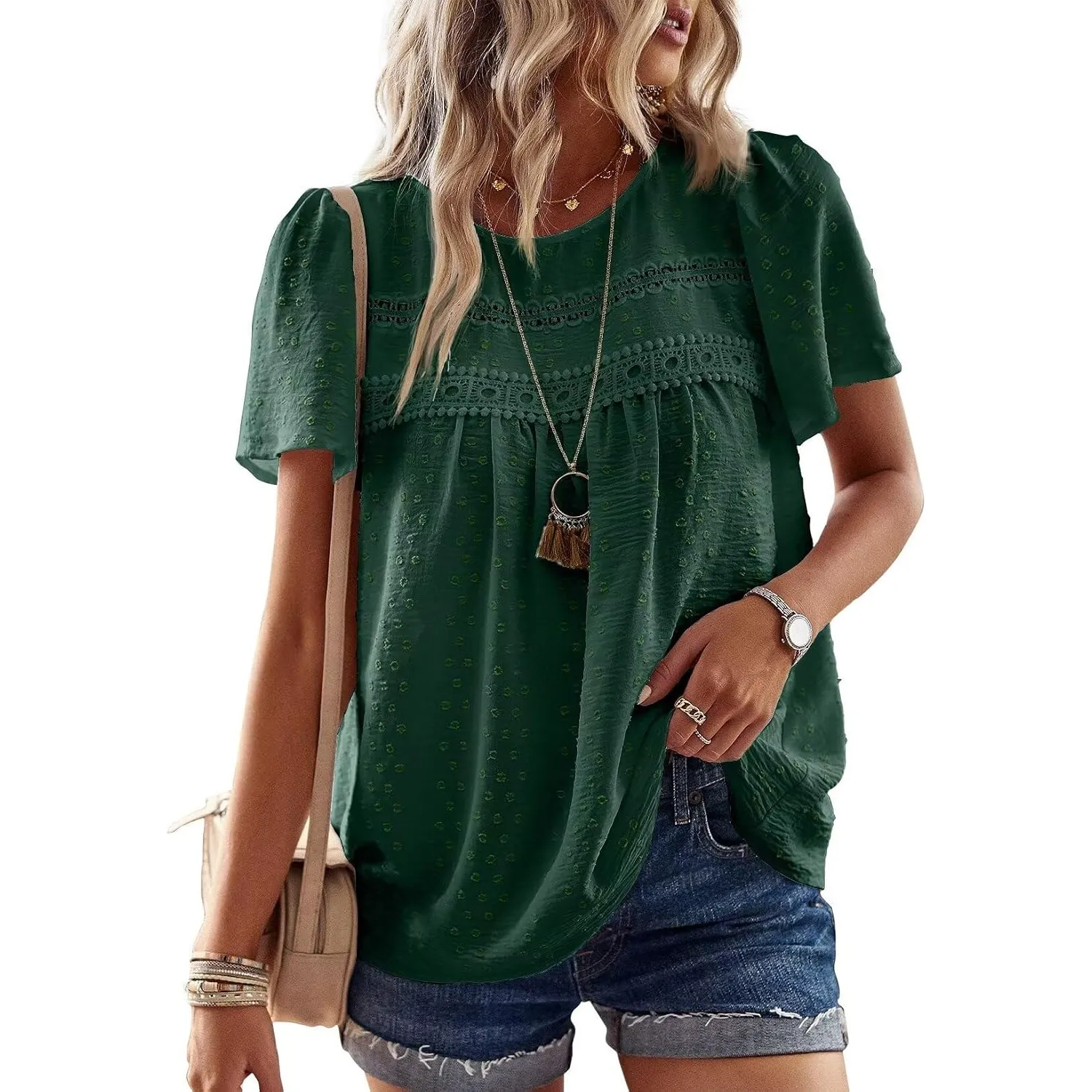 Top Damen Sommer Boho Bluse Kurzarm Oberteile Elegant Rundhals | Swiss Dot T Shirt, Süß Casual Tunika, Lässig Fließend …