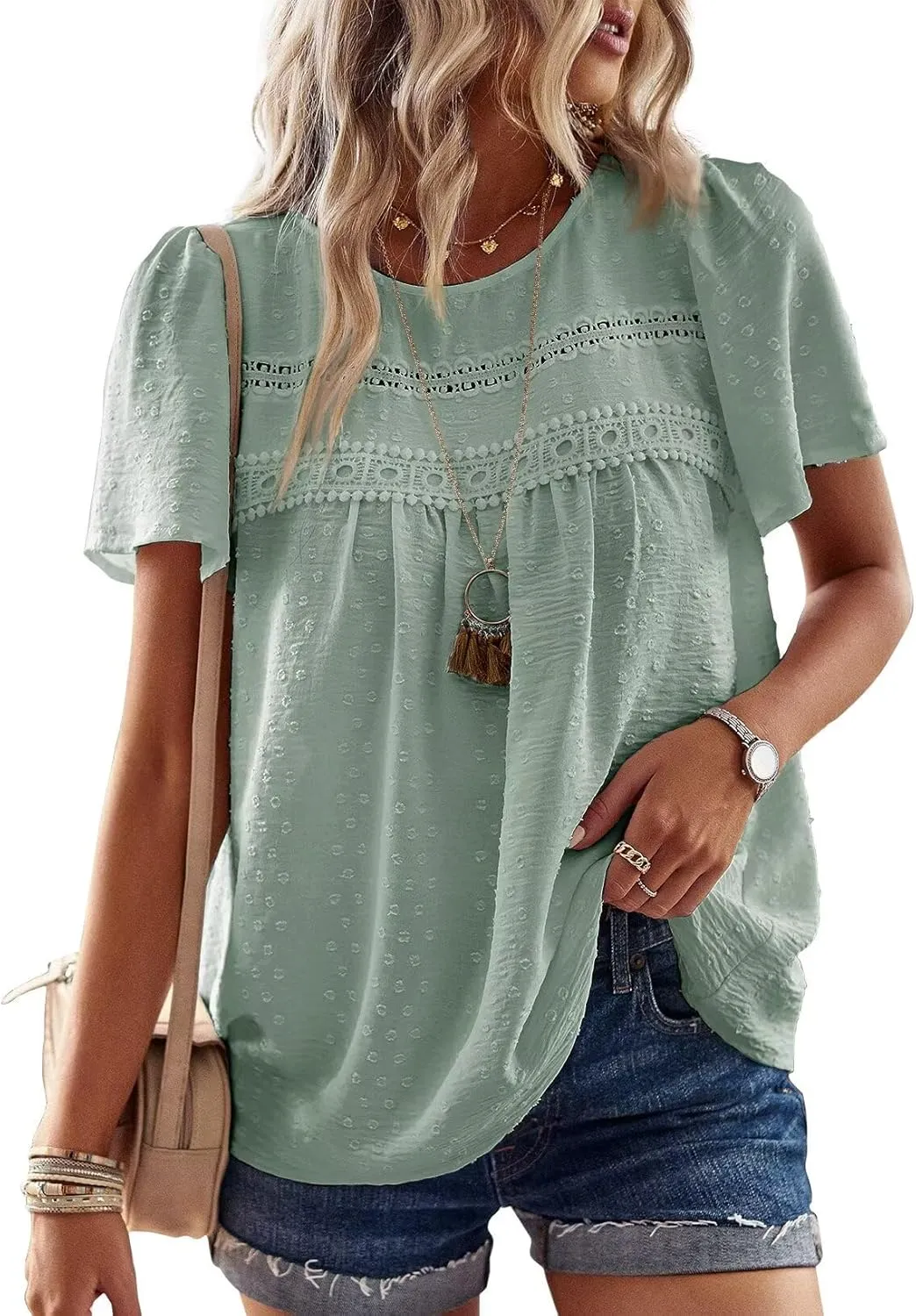 Top Women's Summer Boho Blouse Short Sleeve Tops Flowing Elegant Crew Neck T-Shirt Tunic Casual Outfits Lace Clothing