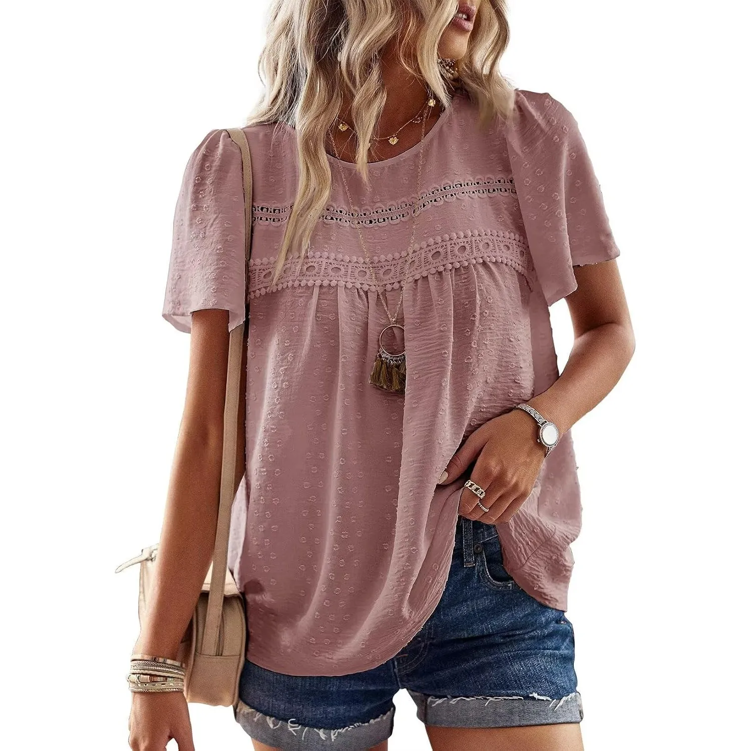 Top Damen Sommer Boho Bluse Kurzarm Oberteile Elegant Rundhals | Swiss Dot T Shirt, Süß Casual Tunika, Lässig Fließend …