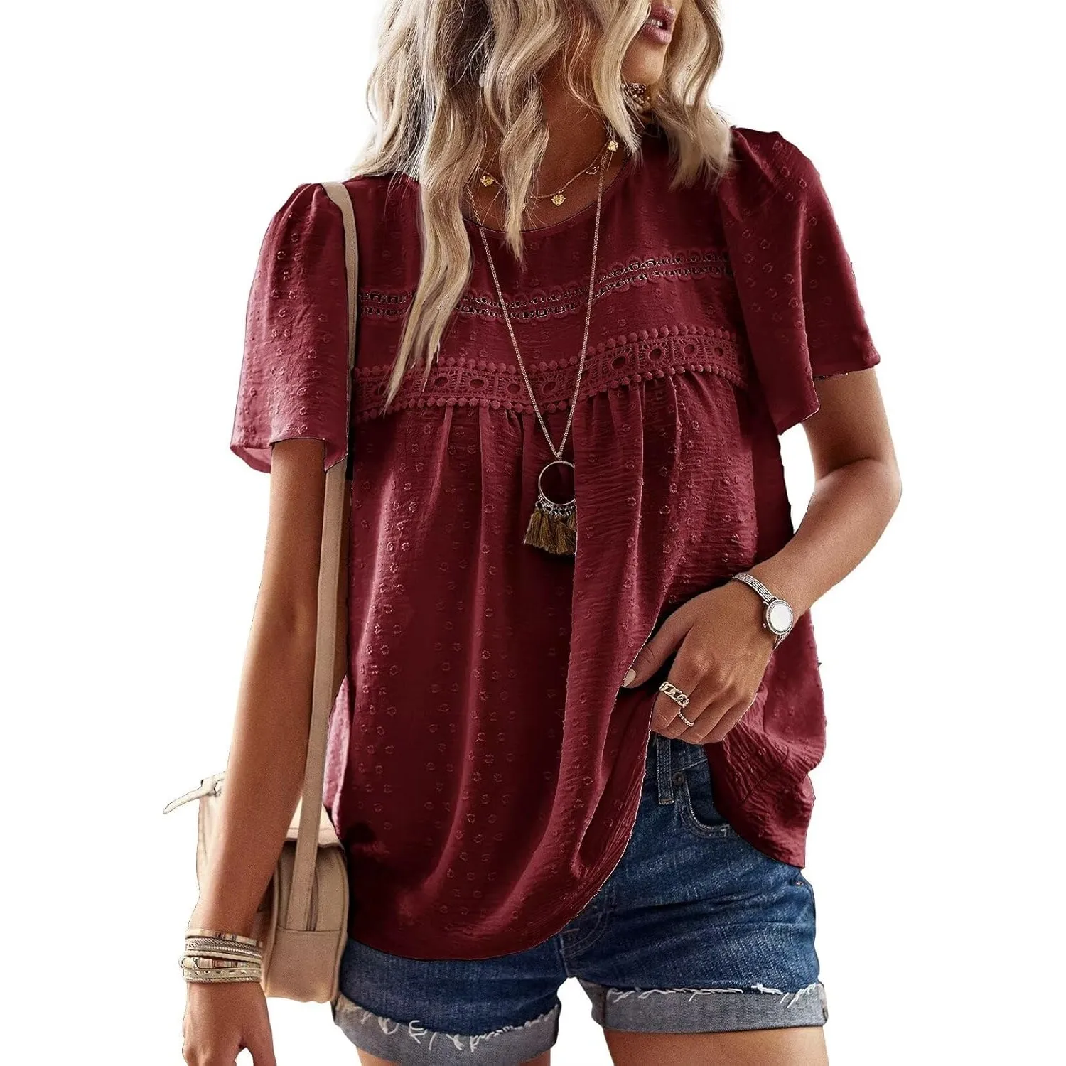 Top Damen Sommer Boho Bluse Kurzarm Oberteile Fließend Elegant Rundhals T Shirt Tunika Lässig Outfits Spitze Kleidung