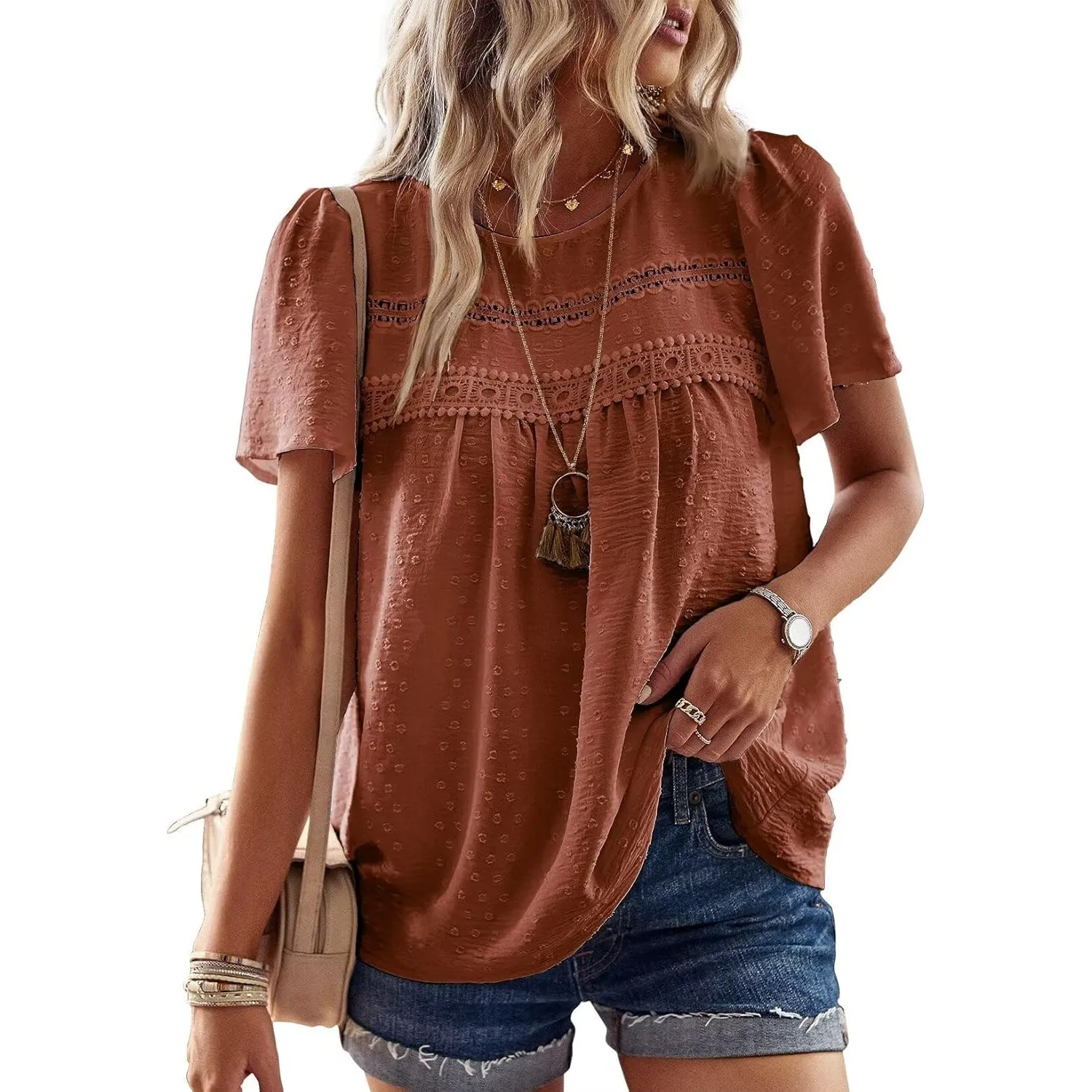 Top Damen Sommer Boho Bluse Kurzarm Oberteile Fließend Elegant Rundhals T Shirt Tunika Lässig Outfits Spitze Kleidung