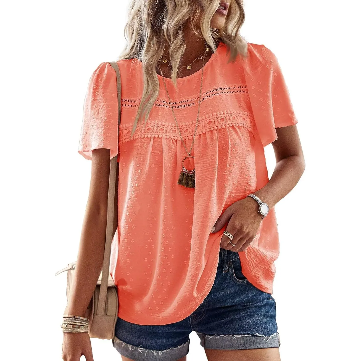 Top Damen Sommer Boho Bluse Kurzarm Oberteile Fließend Elegant Rundhals T Shirt Tunika Lässig Outfits Spitze Kleidung