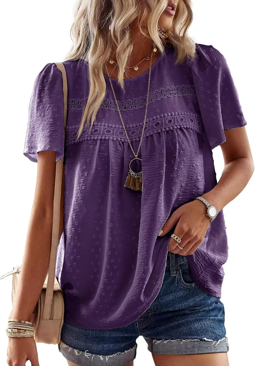 Top Women's Summer Boho Blouse Short Sleeve Tops Flowing Elegant Crew Neck T-Shirt Tunic Casual Outfits Lace Clothing