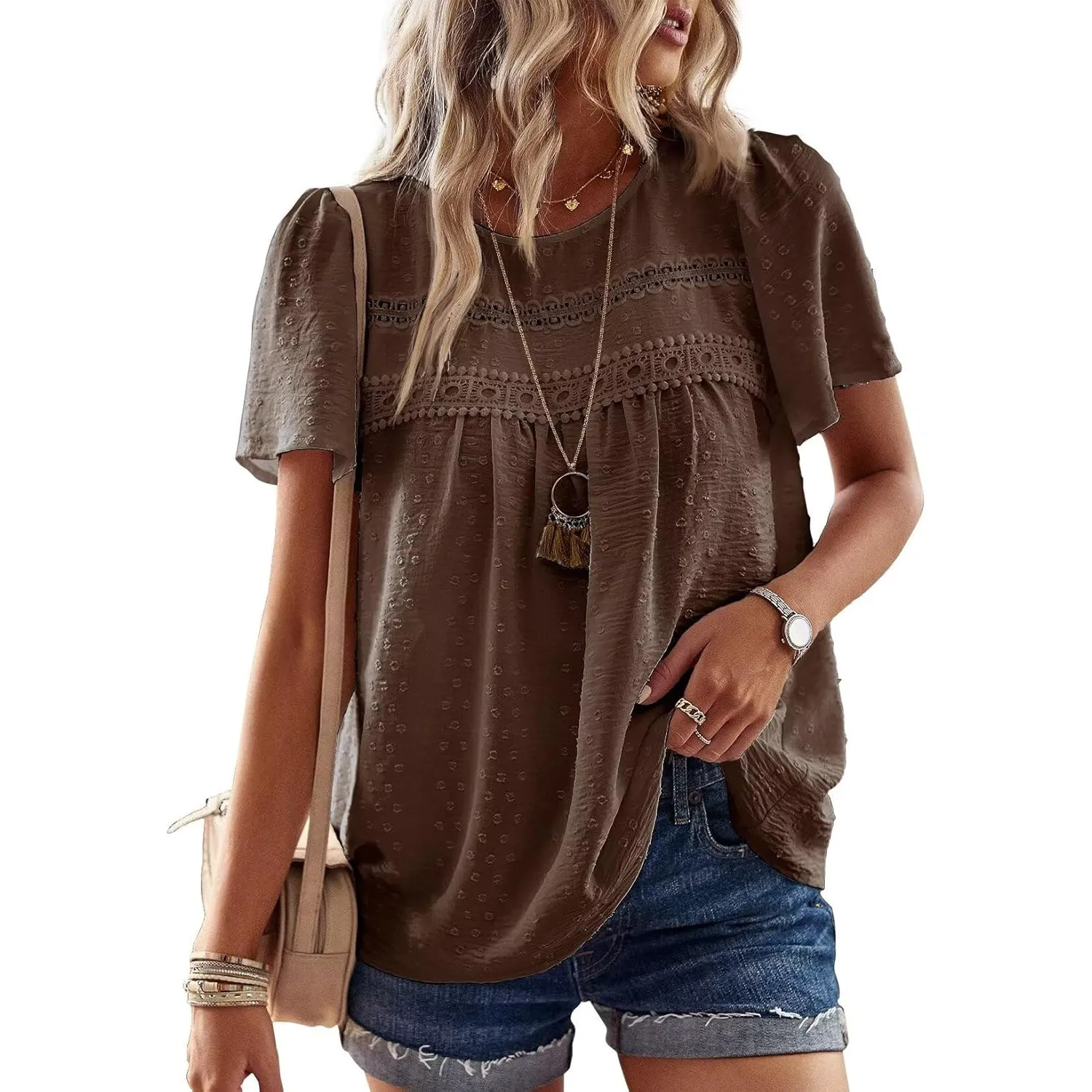 Top Damen Sommer Boho Bluse Kurzarm Oberteile Elegant Rundhals | Swiss Dot T Shirt, Süß Casual Tunika, Lässig Fließend …