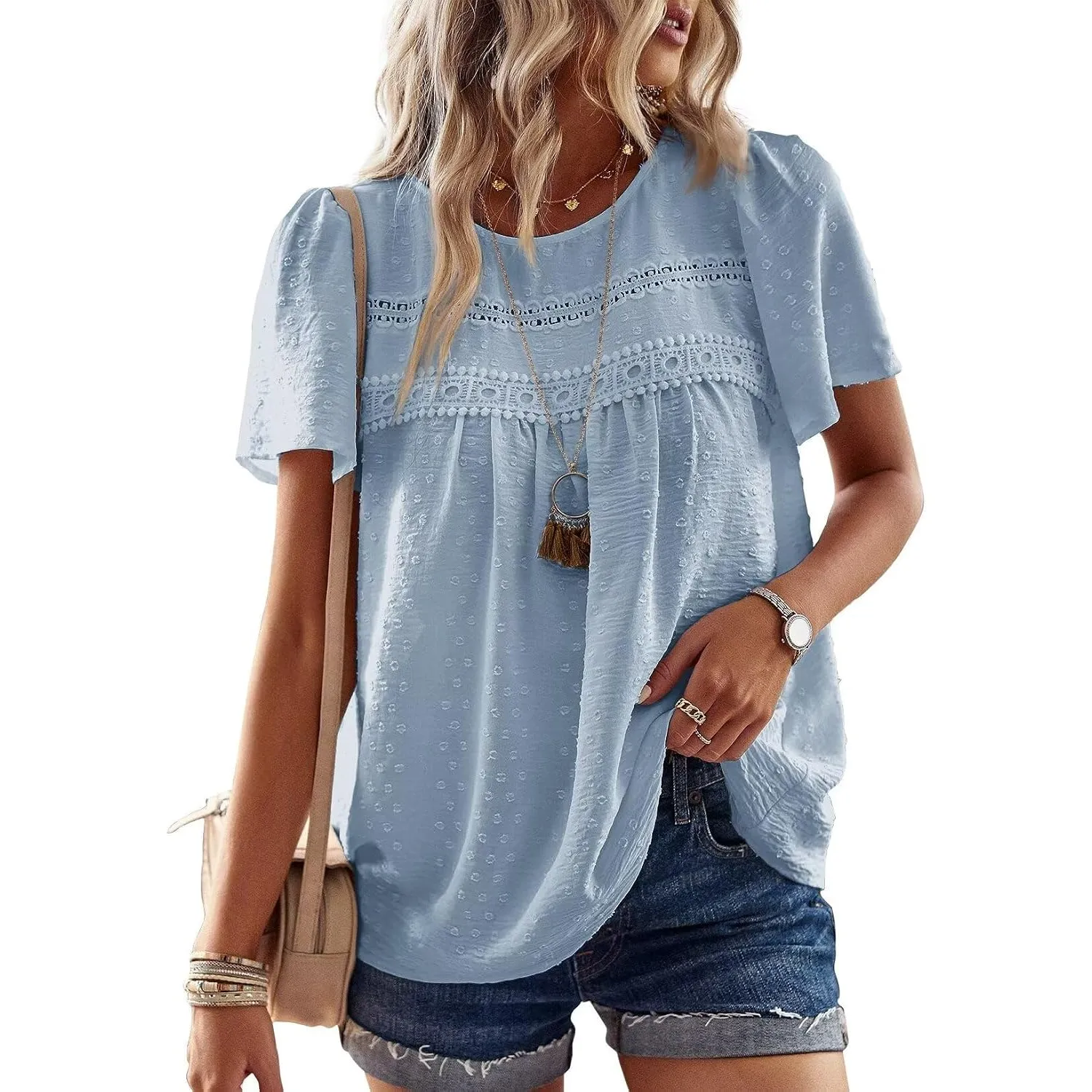 Top Damen Sommer Boho Bluse Kurzarm Oberteile Elegant Rundhals | Swiss Dot T Shirt, Süß Casual Tunika, Lässig Fließend …