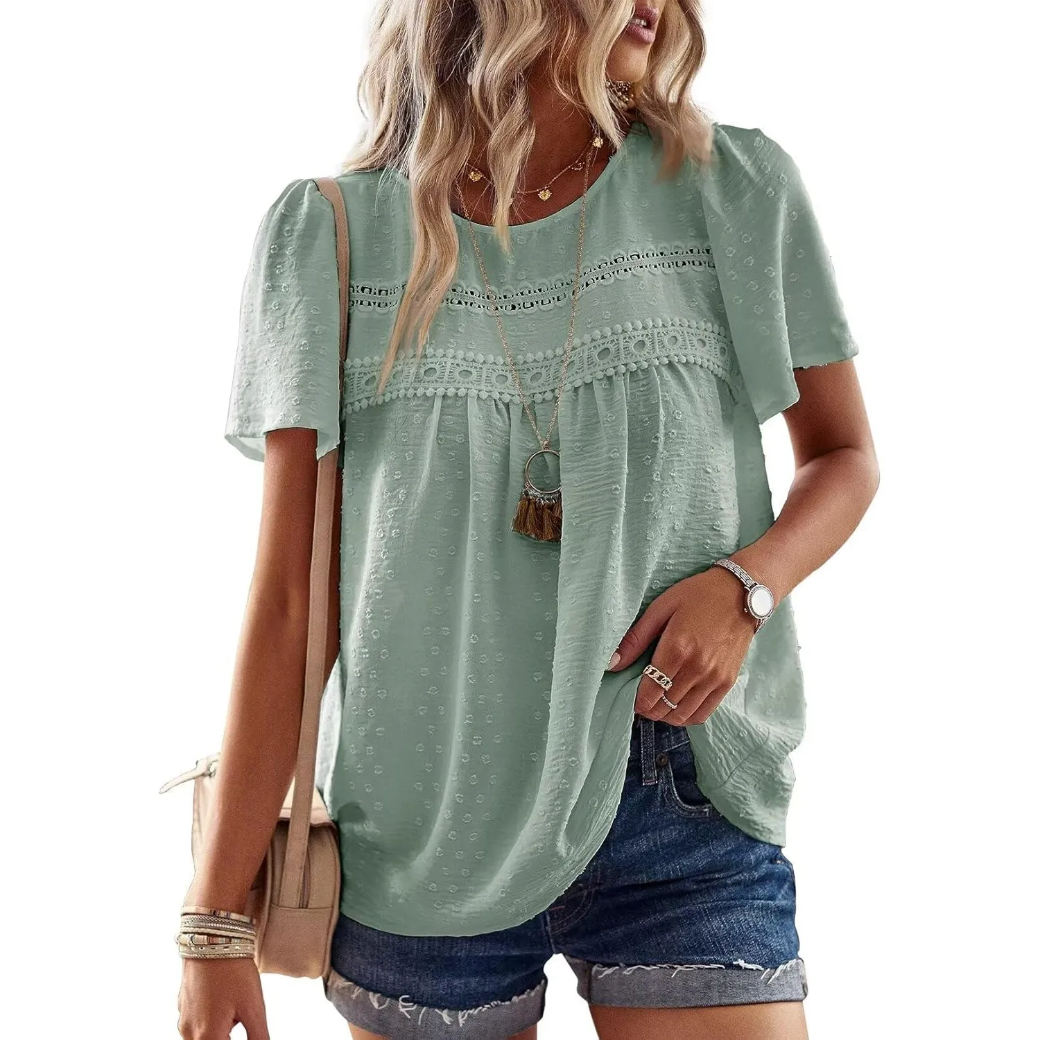 Top Damen Sommer Boho Bluse Kurzarm Oberteile Fließend Elegant Rundhals T Shirt Tunika Lässig Outfits Spitze Kleidung