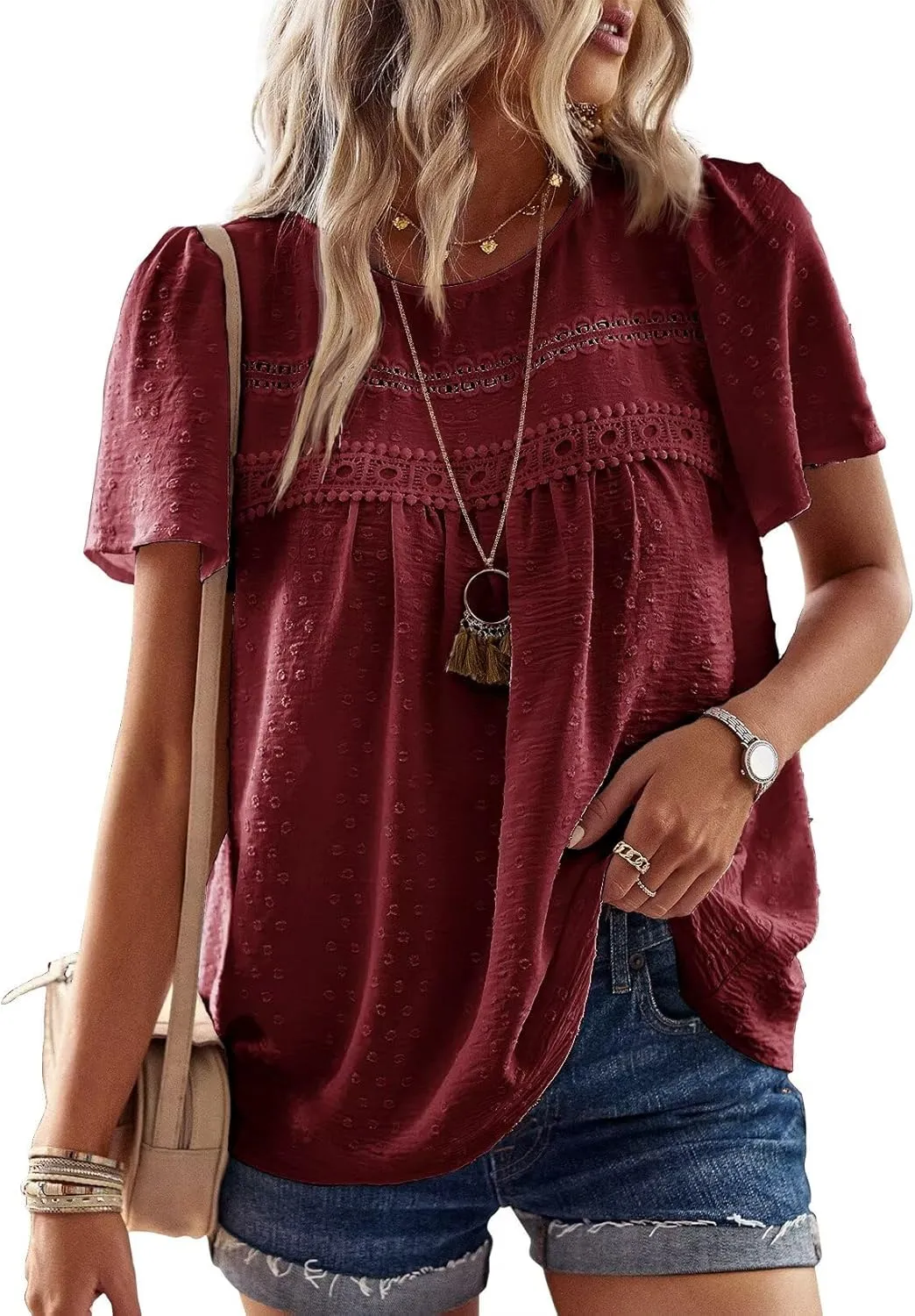 Top Women's Summer Boho Blouse Short Sleeve Tops Flowing Elegant Crew Neck T-Shirt Tunic Casual Outfits Lace Clothing