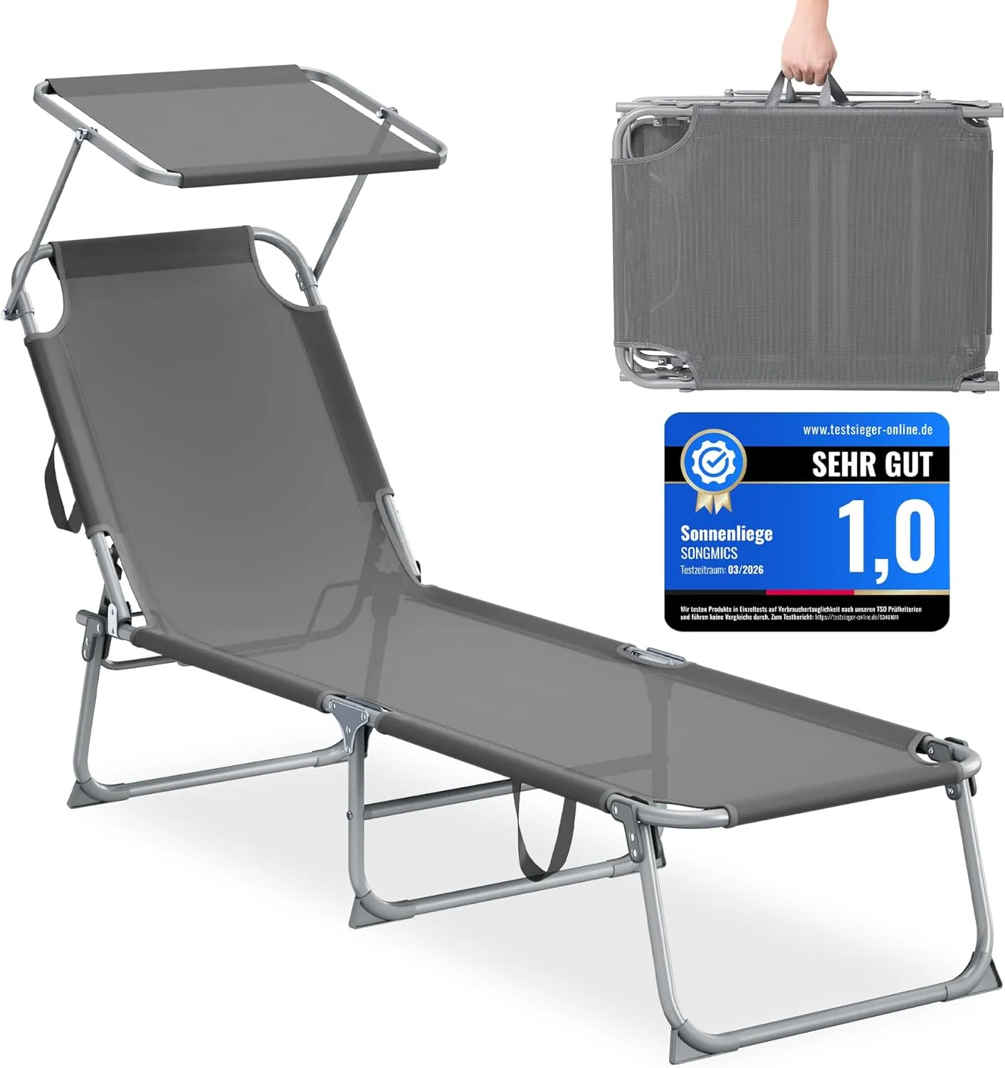 SONGMICS Folding Sun Lounger, 189 x 53 x 28.5 cm, Garden Lounger, Maximum Load 110 kg, Adjustable Sun Visor and Backres…