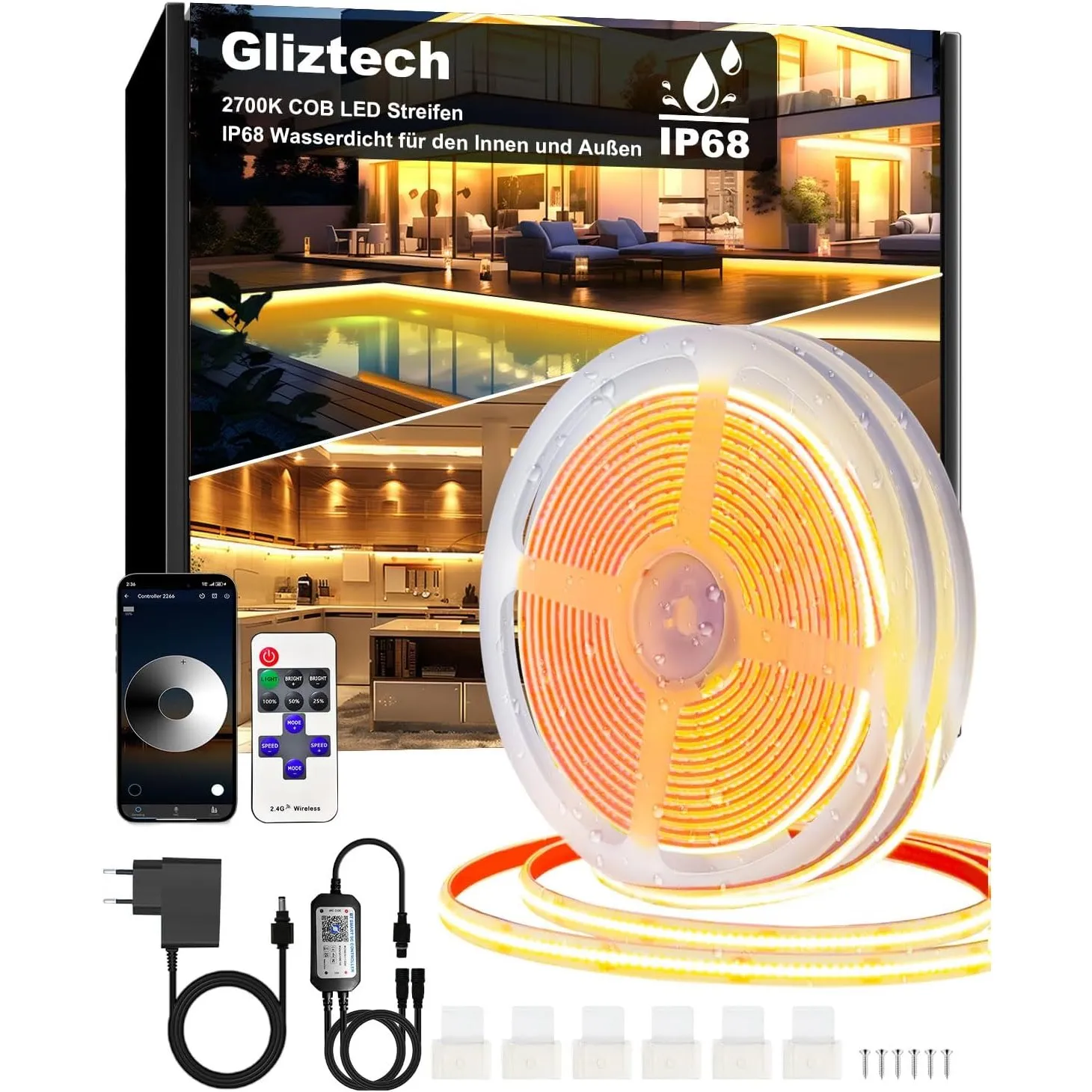 Gliztech 30M COB LED Streifen IP68 Wasserdicht, 24V LED Strip COB | LED Lichtband Selbstklebend Außen mit Netzteil, APP…