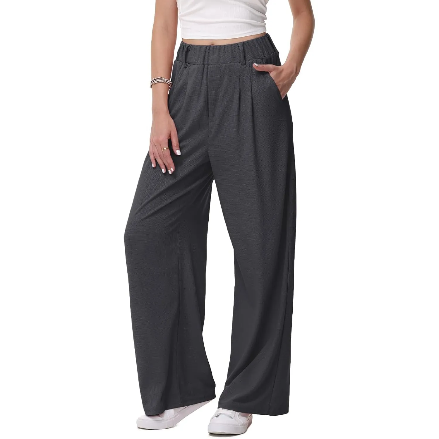 HMIYA Weite Hosen Damen Bügelfreie Stoffhose Mit Taschen