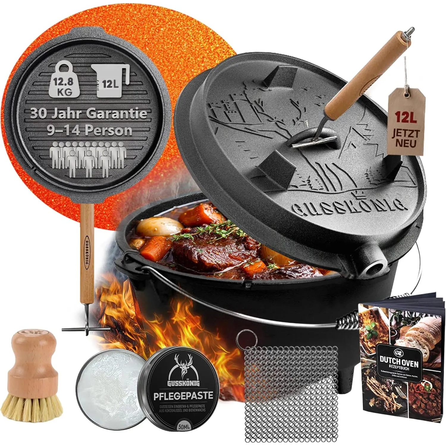 GUSSKÖNIG Premium 2in1 Dutch Oven 12L Set-Feuertopf Gusseisen mit Füßen