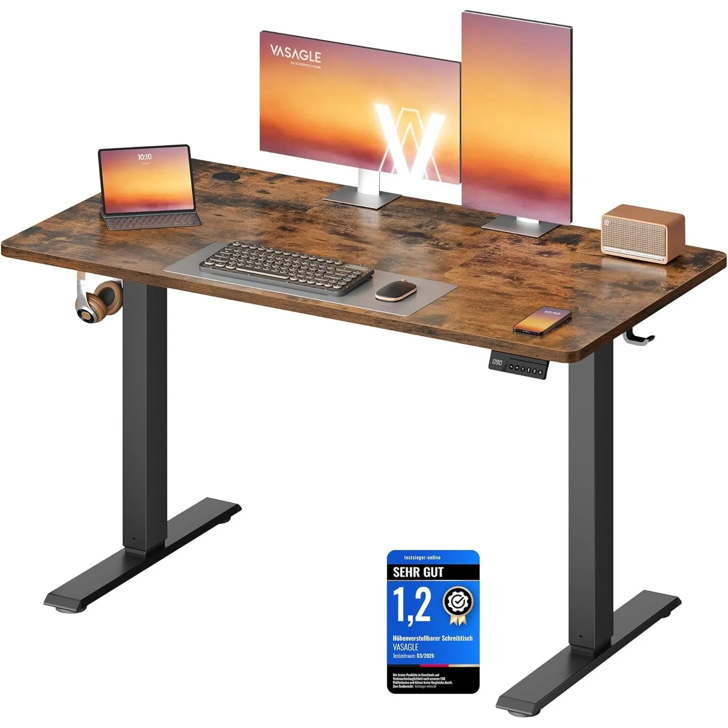 VASAGLE Höhenverstellbarer Schreibtisch, Stehtisch, Computertisch, Erinnerung bei langem Sitzen, Memory-Funktion mit 4 …