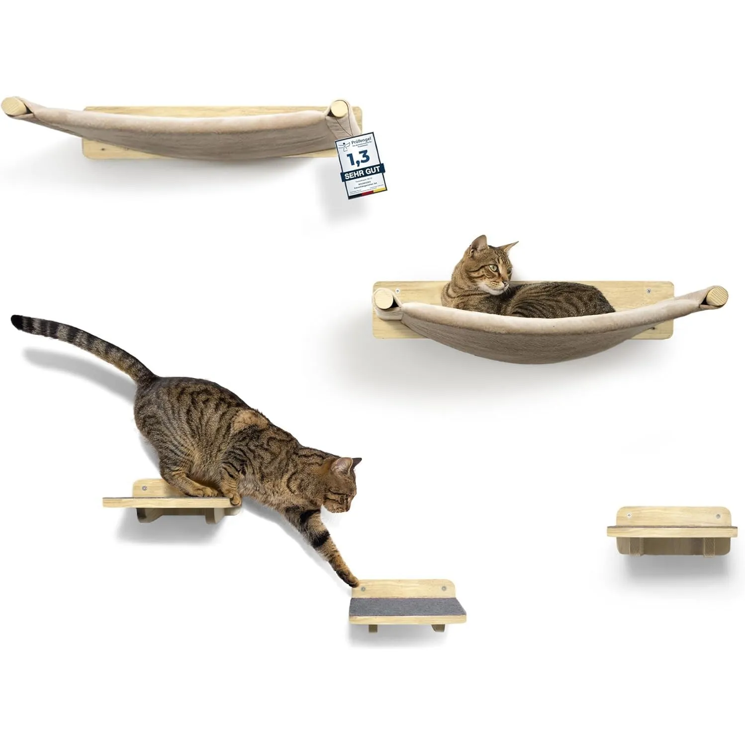 WOOWOOD® Kletterwand Katzen 5-teilig, 2 Hängematten & 3 Treppen, Naturholz | Naturholz, frei positionierbar, erweiterba…